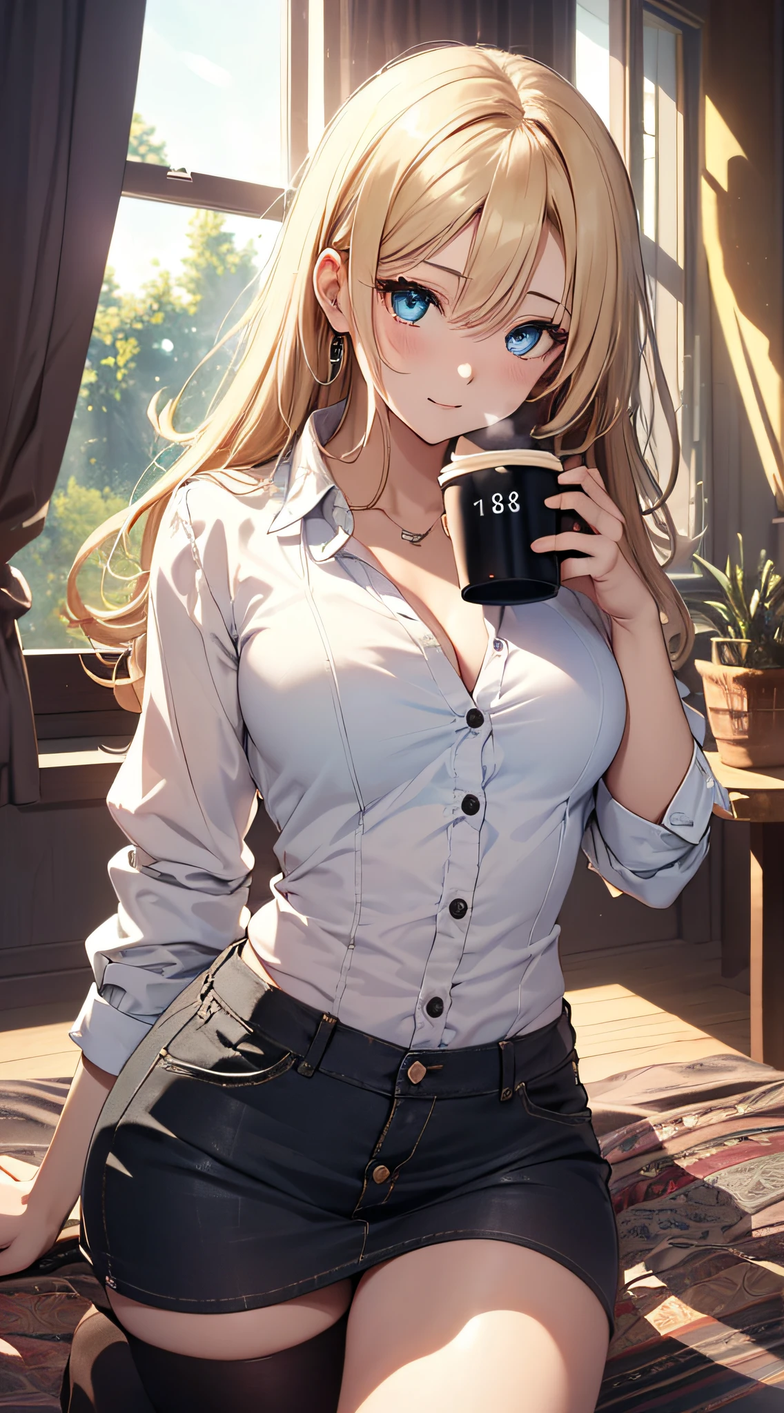 top-quality、Top image quality、​masterpiece、girl with((18year old、 White Y-shirt with open buttons、,Black underwear、Best Bust、Bust 85、a blond、disheveled semi-long、Blue eyes、open chest wide、Valley、Happiness、A slender、Bring your own coffee cup、Shy face)）hiquality、Beautiful Art、Background with((A room with beautiful sunlight))、masutepiece、Elaborate design、visualart