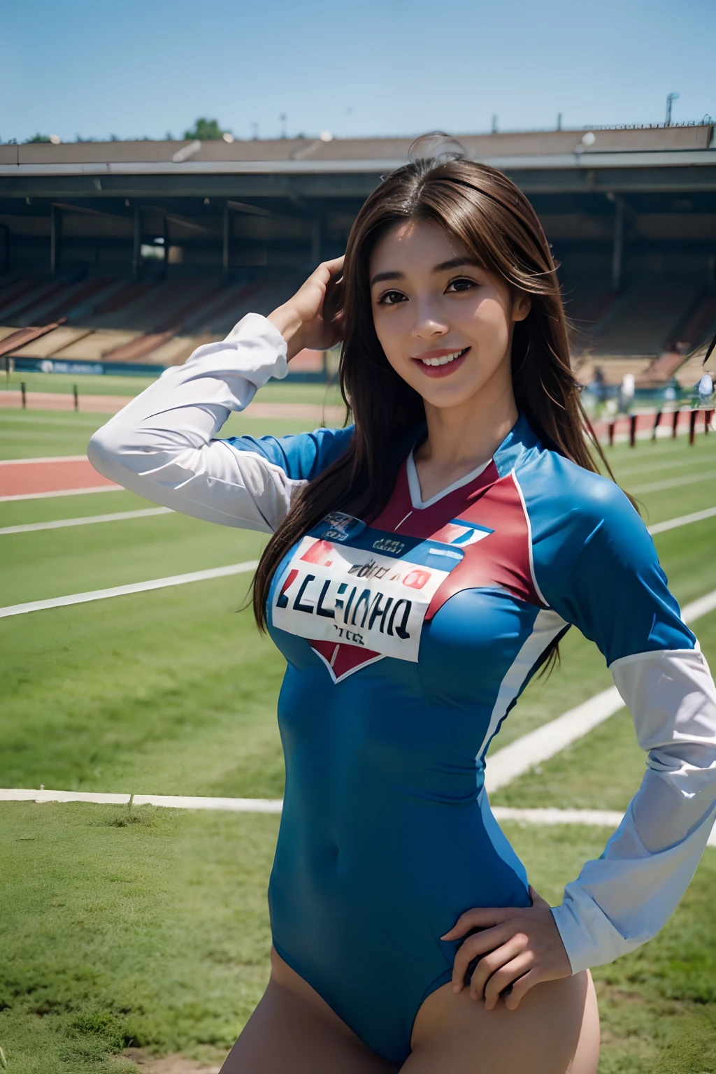 wearing a baseball jersey, long skirt, and heading to watch a soccer match, highly detailed, photorealistic, (selfie:1.5),stadium in the background, vibrant colors,((Ample Breasts)), Diminutive Height, shy-smile