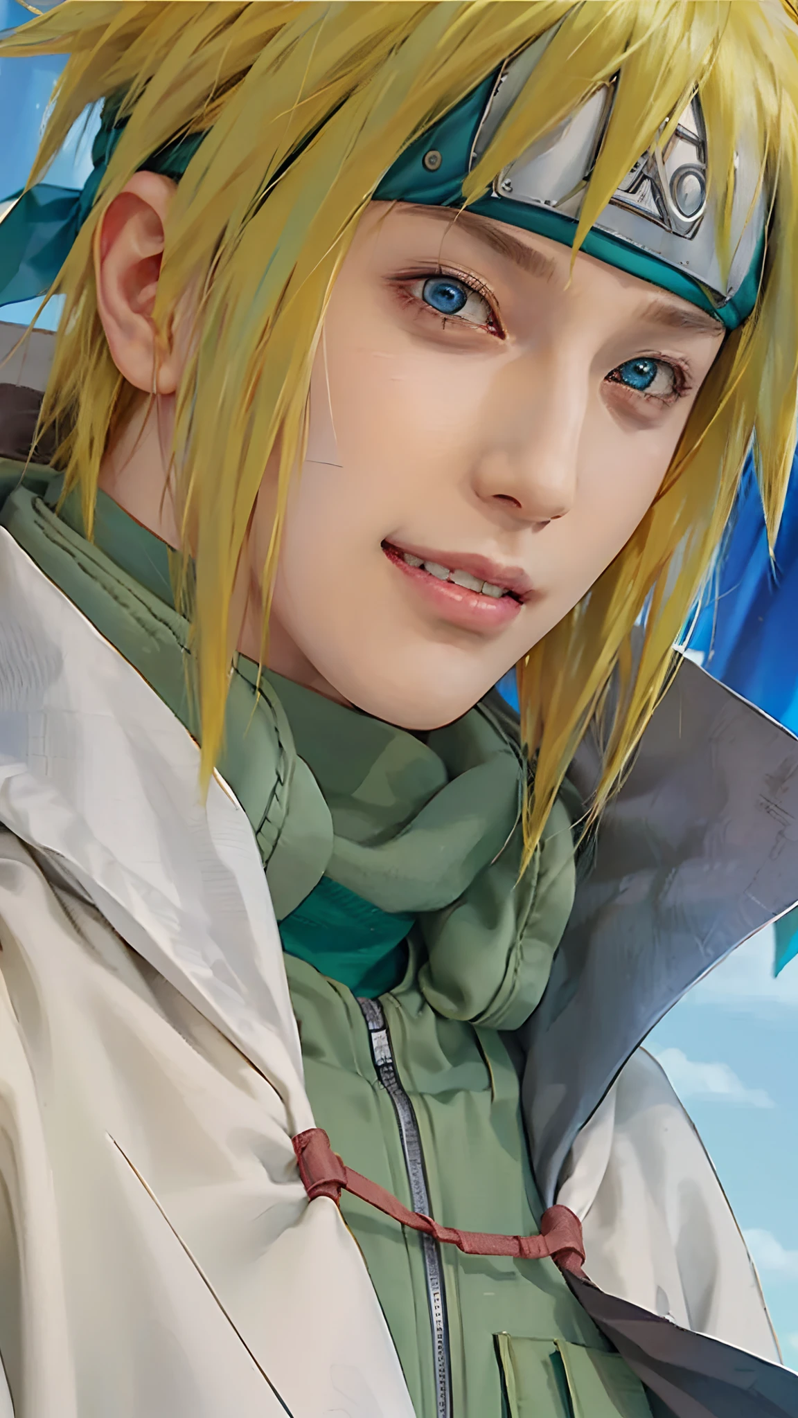 1male, namikaze in anime naruto shippuden, short hair , yellow hair, blue eyes, handsome, smile, green clothes, realistic clothes, detail clothes, city background, ultra detail, realistic