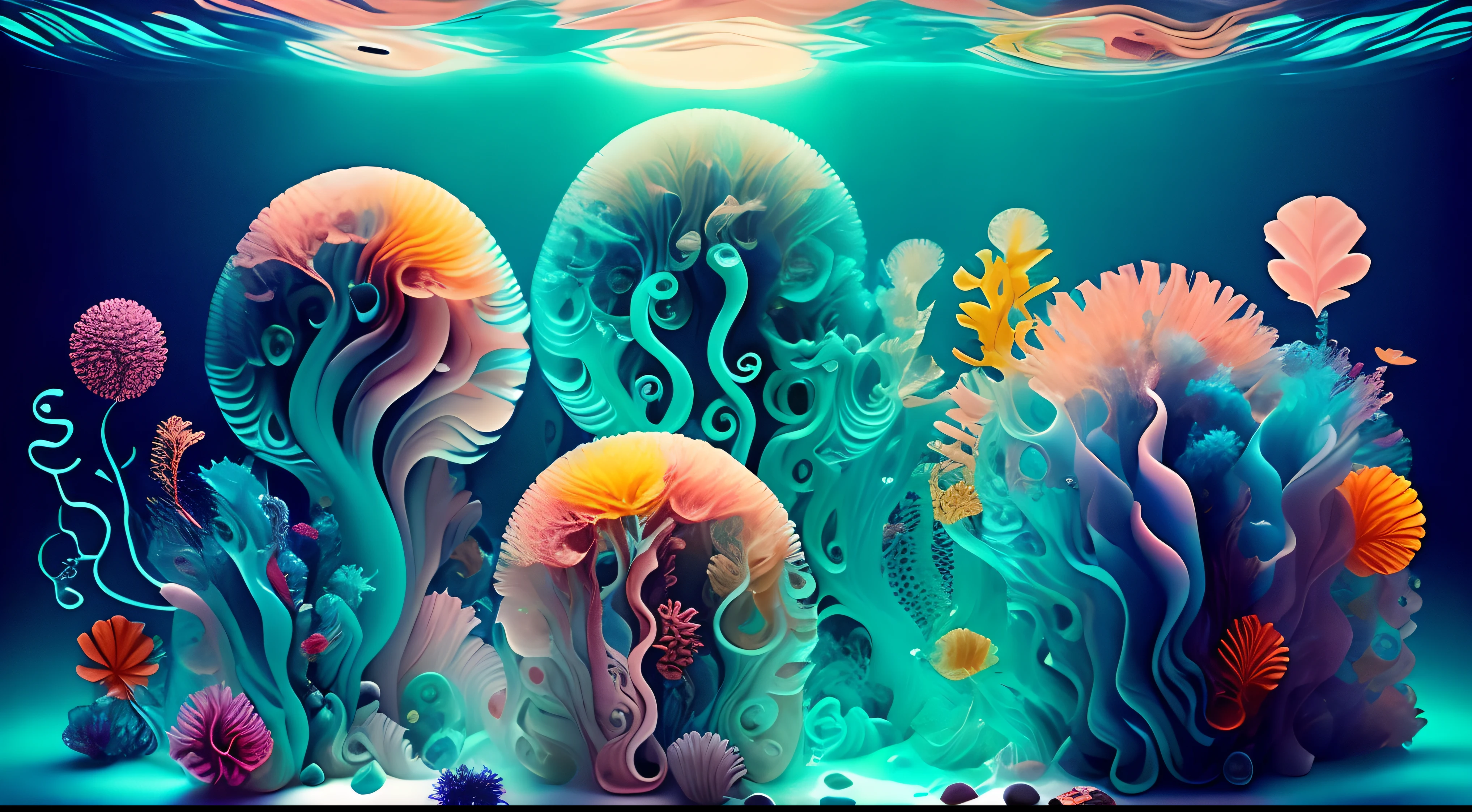 medusas bioluminiscentes flotando en la profundidad del oceano, llevadas por la corriente. Colores fluidos, translucidos , fosforescentes, de colores brillantes, colores radiantes, psicodelicos,iluminan el entorno oscuro con su fosforescencia, sensacion de movimientos fluidos , arremolinados, movimiento de los tentaculos de acuerdo al arte de los fluidos en movimiento,obra maestra, Beautiful psychedelic entropy
