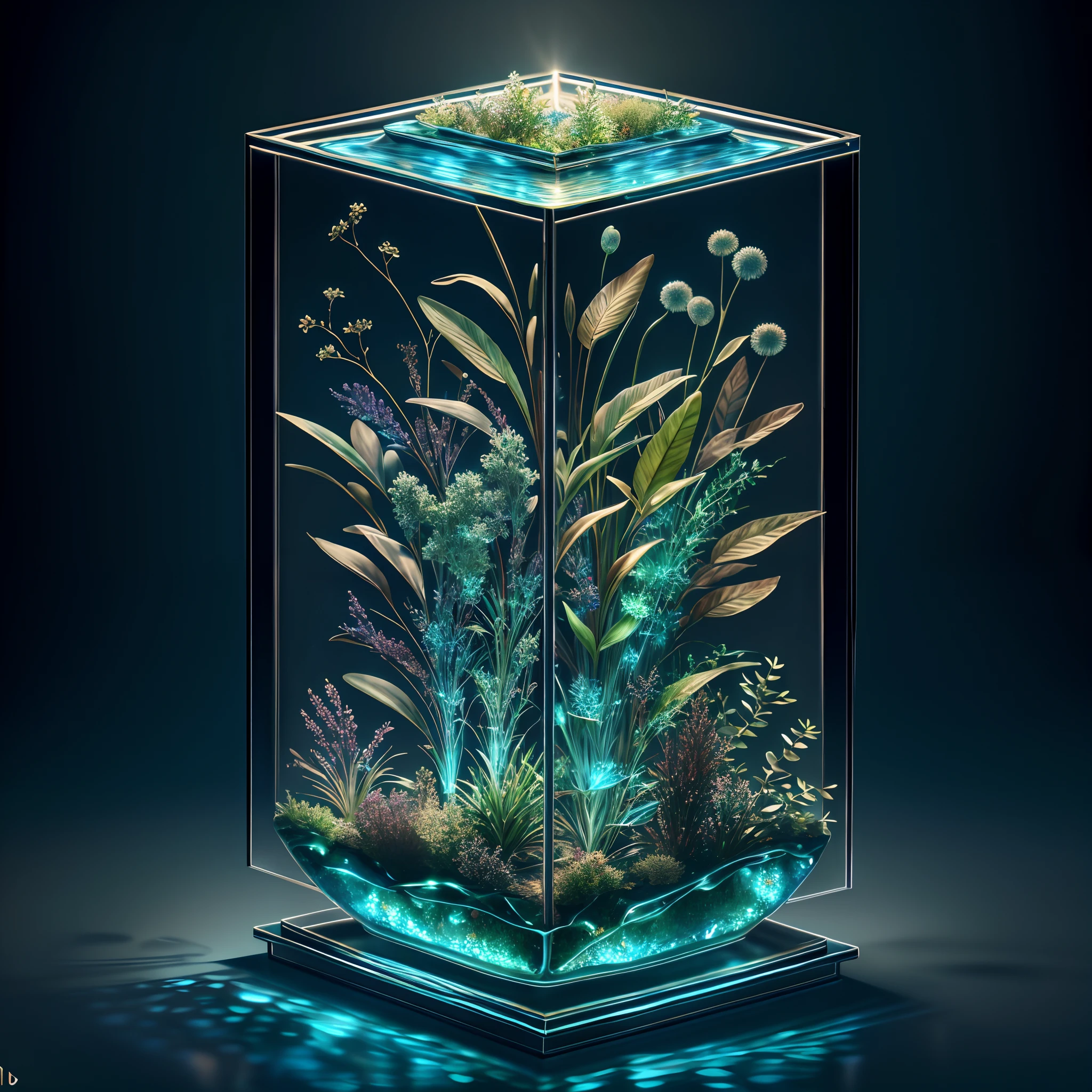 masterpiece of glass sculpture with plants inside, water, glowing, fantasy, high quality, high detail, best quality, rtx, 4k, 8k,