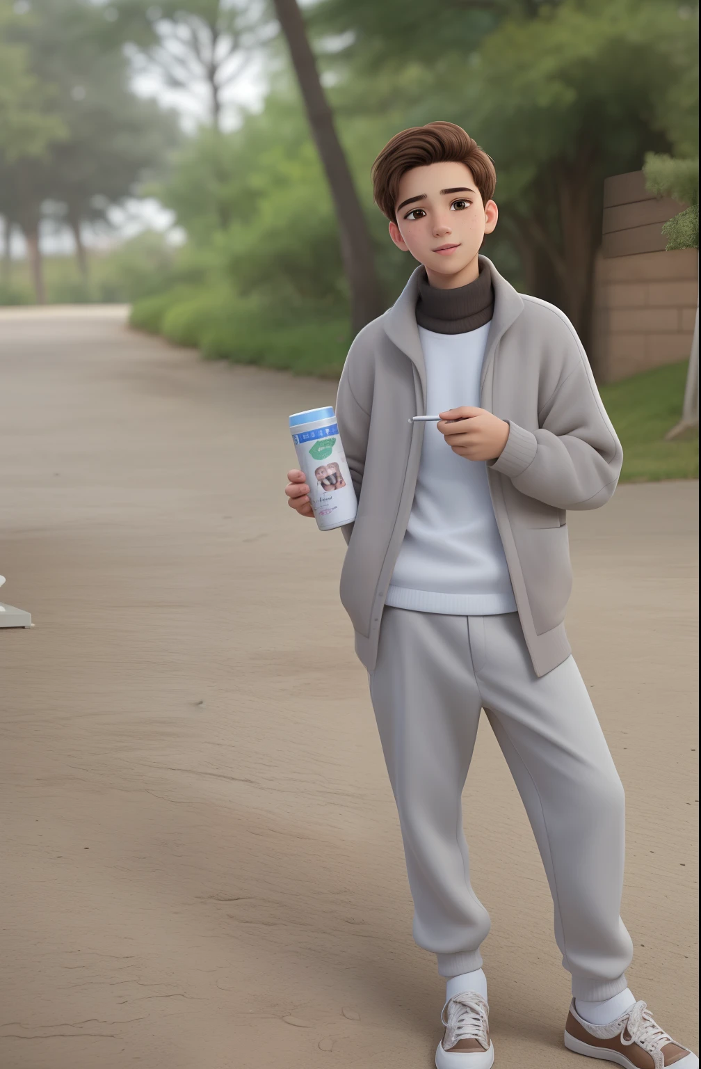 A young man of 14 years old, with brown disheveled hair, cute face, boxy face, and brown eyes, wearing white turtleneck.