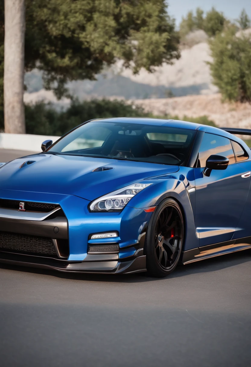A blue nissan gtr r-35 with liberty walk bodykit, walk in motion on a scenic road, Masterpiece, realistic, HD, modified, nismo, hi performance, high speed, Don’t make photos too cartoony. Showing the integration between the car and the environment.