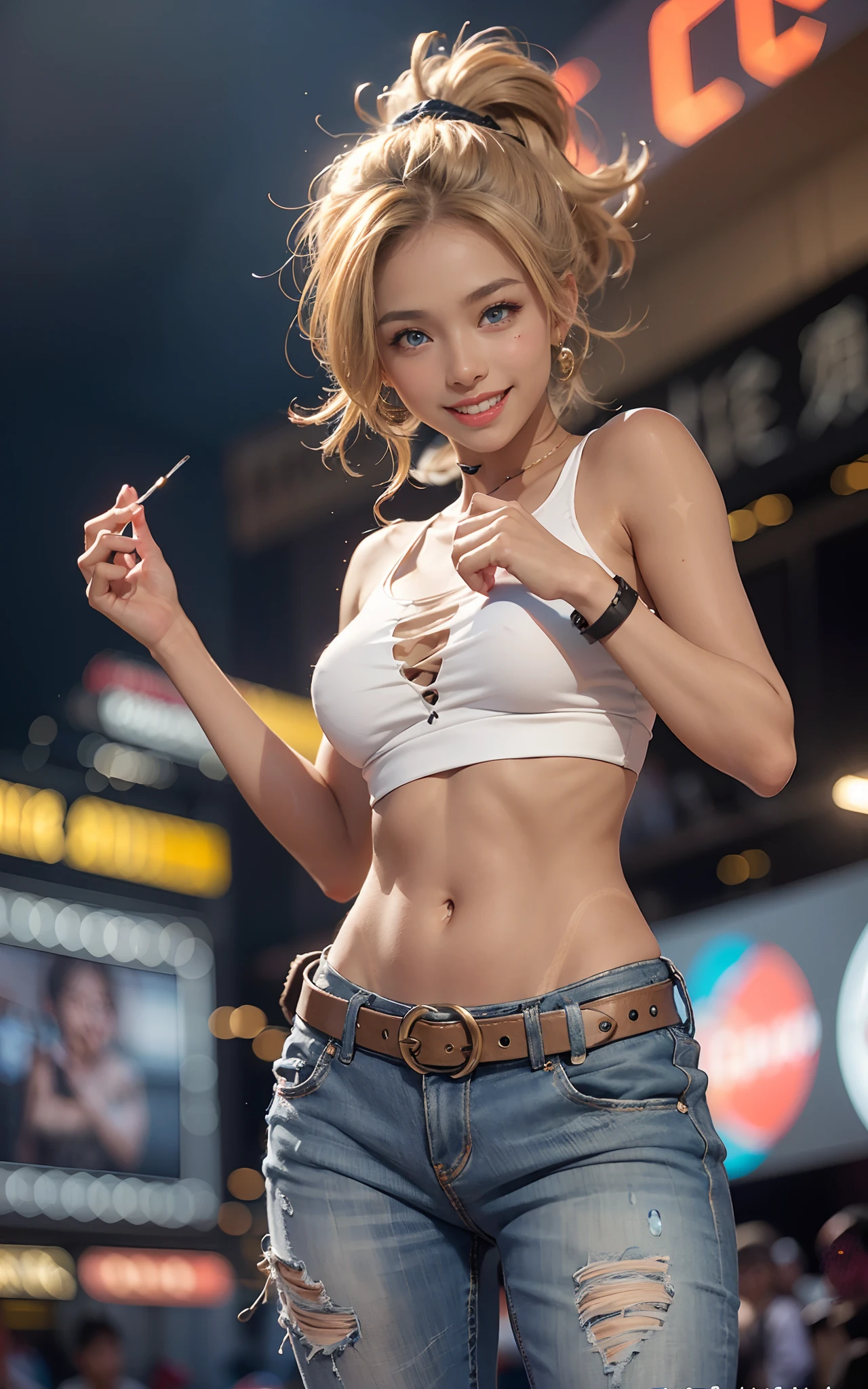 8k, top-quality, (pubic hair beauty)、hight resolution, realisticlying, realperson, Red Light District at Night、There are many signboards、The light on the sign is dazzling、Dancing in different poses on stage、The best smile、Fun and smiling、One young and beautiful girl、Reveal madness、Inviting eyes、Martial Arts Tournaments、Serious Serious Competition、denim short pants、toppless、high-heels