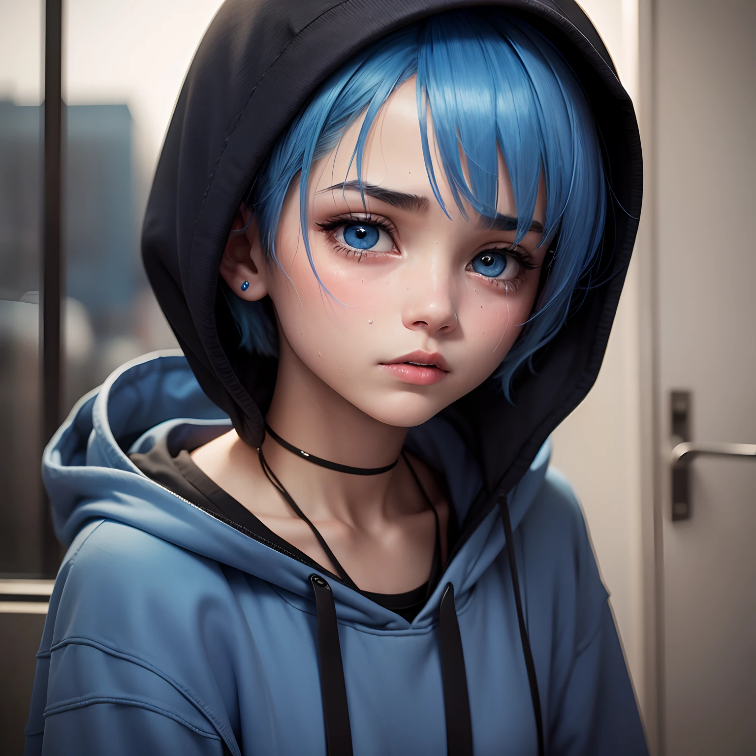 (originalphotos, Best quality, Masterpiece x1.2), (Lifelike, Photo realistic x1.4), (Masterpiece x1.4), (Best quality x1.4), 1 girl, Holding an old newspaper，独奏, Showing a frightened expression, Blue hair, blue sweater, Denim pants, crouching behind the door, protruding his head to look out, Serious expression, (Shiny skin), realperson