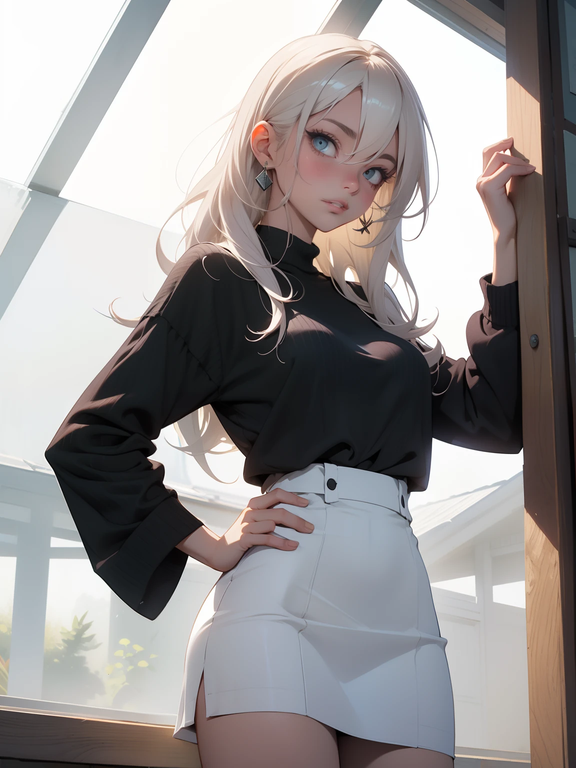Beautiful white hair woman is shown to have a slender figure, she is wearing a turtleneck sweater and cute skirt, high socks,, choker, sexy look, ponytail, blue eyes, girl in a coffee shop ,sexy session, sexy pose, cowboy shot, superior quality, many details, realistic