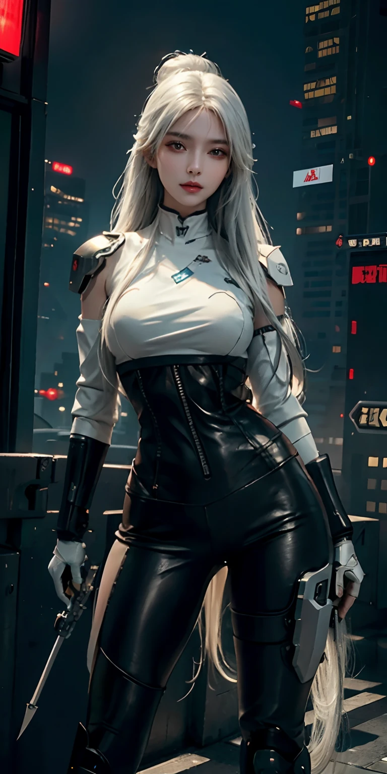 photorealistic, high resolution, soft light,1women, solo, hips up, (detailed face), white long hair, cybersamurai, cyborg, cyberpunk, cyber armor, holding weapon,glowing,gun, city at night