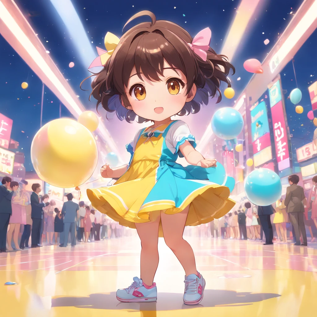 Cute, Chibi, Little baby girl, bright skin, Brown eyes, short black curly hair, Party dress in yellow pink and blue pastel color with candy design, White sneakers, Portrait, 3D Rendering, High quality, ( Plain background), (Perfect hands), (Full body), Female, 8K