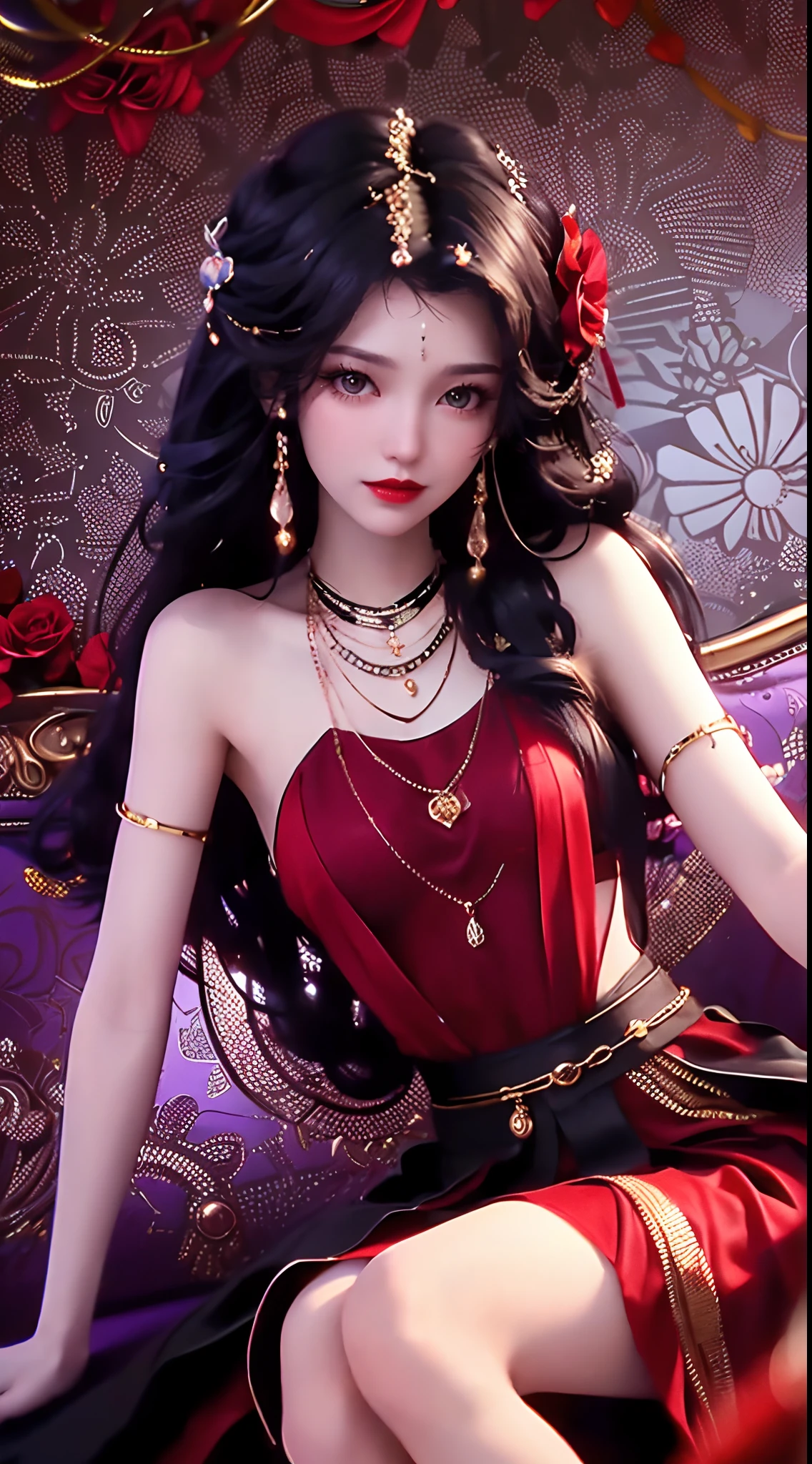 1 beautiful and sexy 20 year old girl, ((wearing a super thin red dress:1.6)), dress with diamonds, ((long purple-black hair:1.6)), bangs, elaborate jewelry made from stones noble and beautiful hair, ((wearing a black lace necklace:1.4))), noble, noble style of an extremely beautiful girl, super cute little face, very pretty face, fur thin eyebrows, flawless beautiful face, ((black eye pupils: 0.8)), very beautiful eyes, ((black eyes: 1.6)), beautiful makeup and detailed hairdo, eyelashes, eye makeup wet, high nose, earrings, red lips, ((closed mouth: 1;5 )) beautiful lips, slim arms, most beautiful thighs, ((arms spread to the sides: 1.5) ), rosy face, clean face, beautiful flawless face, smooth white skin, (big breasts: 1.5)), ((high breasts: 1.6) ), firm breasts, nice cleavage, (((big and super round breasts: 1.8))), ((super firm breasts: 1.7)) , beautiful breasts, perfect body, (((sitting position, leaning back and leaning back with hands :1.5))), ((chest puffed out : 1.5)), don't be shy, 8k photos, super high quality, super realistic, super 10x pixels, optical, bright studio, bright edges, two-tone lighting, (high detail skin:1.2), super 8k , soft light, high quality, volumetric light, optical, optical high resolution, light, best photo, 4k, 8k quality, blur effect, smooth sharpness, 10 x pixel , ((red flowers background:1.5)), aurora, lightning, super realistic graphics, most realistic graphics, alone, solo, Extremely sharp, surreal images, (((frontal portrait : 1.6)))."