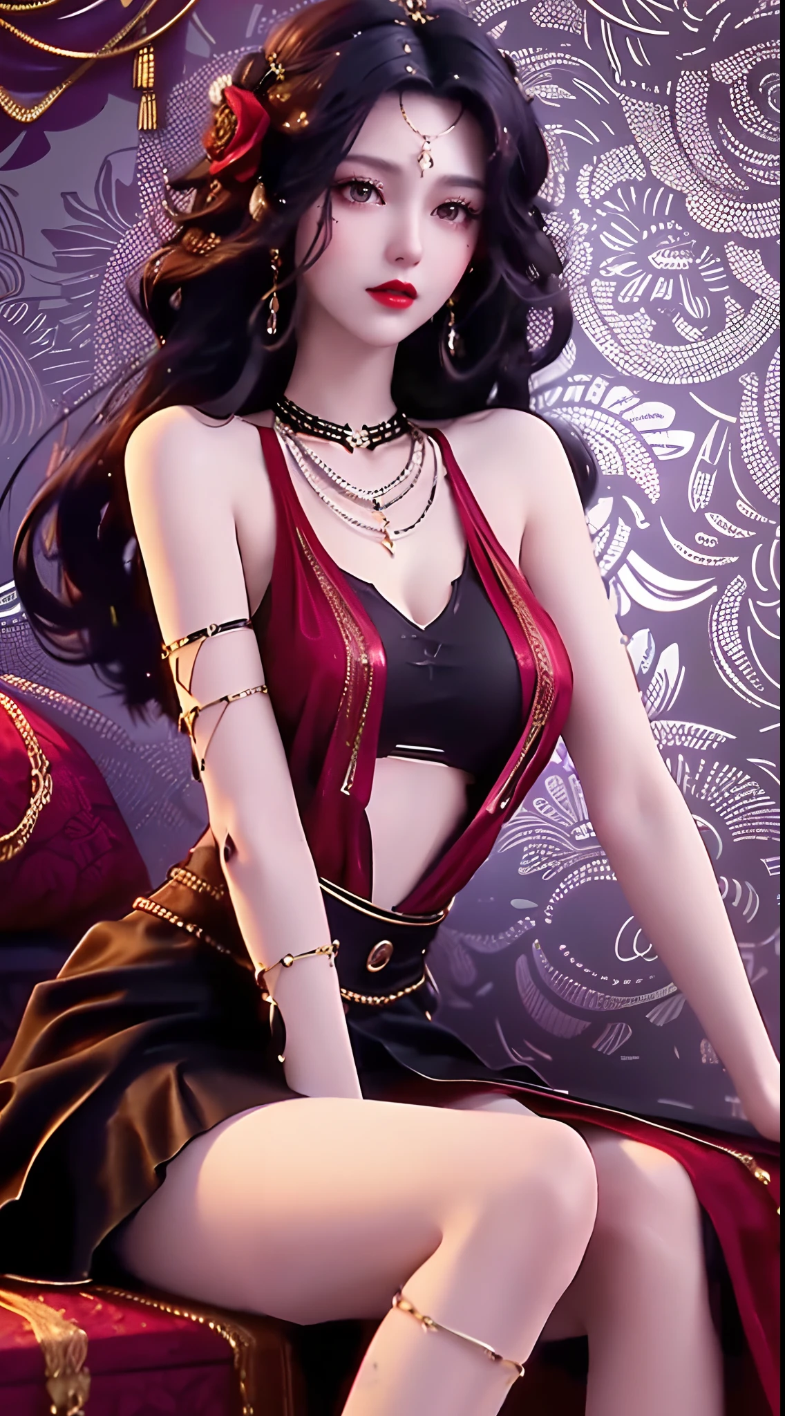 1 beautiful and sexy 20 year old girl, ((wearing a super thin red dress:1.6)), dress with diamonds, ((long purple-black hair:1.6)), bangs, elaborate jewelry made from stones noble and beautiful hair, ((wearing a black lace necklace:1.4))), noble, noble style of an extremely beautiful girl, super cute little face, very pretty face, fur thin eyebrows, flawless beautiful face, ((black eye pupils: 0.8)), very beautiful eyes, ((black eyes: 1.6)), beautiful makeup and detailed hairdo, eyelashes, eye makeup wet, high nose, earrings, red lips, ((closed mouth: 1;5 )) beautiful lips, slim arms, most beautiful thighs, ((arms spread to the sides: 1.5) ), rosy face, clean face, beautiful flawless face, smooth white skin, (big breasts: 1.5)), ((high breasts: 1.6) ), firm breasts, nice cleavage, (((big and super round breasts: 1.8))), ((super firm breasts: 1.7)) , beautiful breasts, perfect body, (((sitting position, leaning back and leaning back with hands :1.5))), ((chest puffed out : 1.5)), don't be shy, 8k photos, super high quality, super realistic, super 10x pixels, optical, bright studio, bright edges, two-tone lighting, (high detail skin:1.2), super 8k , soft light, high quality, volumetric light, optical, optical high resolution, light, best photo, 4k, 8k quality, blur effect, smooth sharpness, 10 x pixel , ((red flowers background:1.5)), aurora, lightning, super realistic graphics, most realistic graphics, alone, solo, Extremely sharp, surreal images, (((frontal portrait : 1.6)))."