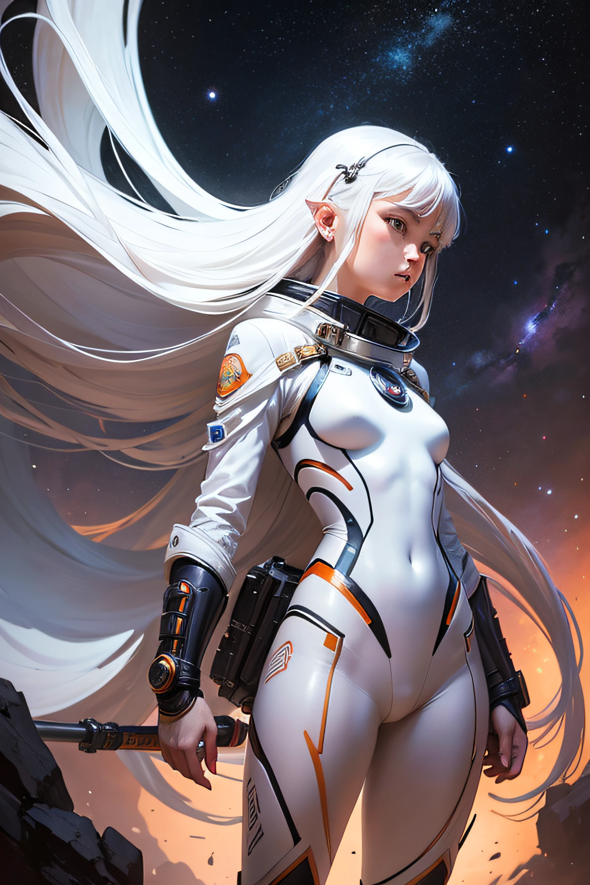 master-piece,1 monk warrior girl with white tech suit clothes,White long hair,laces,Abstract retro sci-fi background,art of moebius,Ashley Wood's art,dynamicpose,Wandering Earth,Space Starry Sky