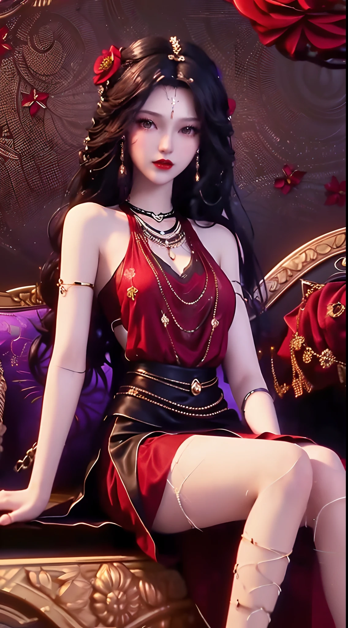 1 beautiful and sexy 20 year old girl, ((wearing a super thin red dress:1.6)), dress with diamonds, ((long purple-black hair:1.6)), bangs, elaborate jewelry made from stones noble and beautiful hair, ((wearing a black lace necklace:1.4))), noble, noble style of an extremely beautiful girl, super cute little face, very pretty face, fur thin eyebrows, flawless beautiful face, ((black eye pupils: 0.8)), very beautiful eyes, ((black eyes: 1.6)), beautiful makeup and detailed hairdo, eyelashes, eye makeup wet, high nose, earrings, red lips, ((closed mouth: 1;5 )) beautiful lips, slim arms, most beautiful thighs, ((arms spread to the sides: 1.5) ), rosy face, clean face, beautiful flawless face, smooth white skin, (big breasts: 1.5)), ((high breasts: 1.6) ), firm breasts, nice cleavage, (((big and super round breasts: 1.8))), ((super firm breasts: 1.7)) , beautiful breasts, perfect body, (((sitting position, leaning back and leaning back with hands :1.5))), ((chest puffed out : 1.5)), don't be shy, 8k photos, super high quality, super realistic, super 10x pixels, optical, bright studio, bright edges, two-tone lighting, (high detail skin:1.2), super 8k , soft light, high quality, volumetric light, optical, optical high resolution, light, best photo, 4k, 8k quality, blur effect, smooth sharpness, 10 x pixel , ((red flowers background:1.5)), aurora, lightning, super realistic graphics, most realistic graphics, alone, solo, Extremely sharp, surreal images, (((frontal portrait : 1.6)))."