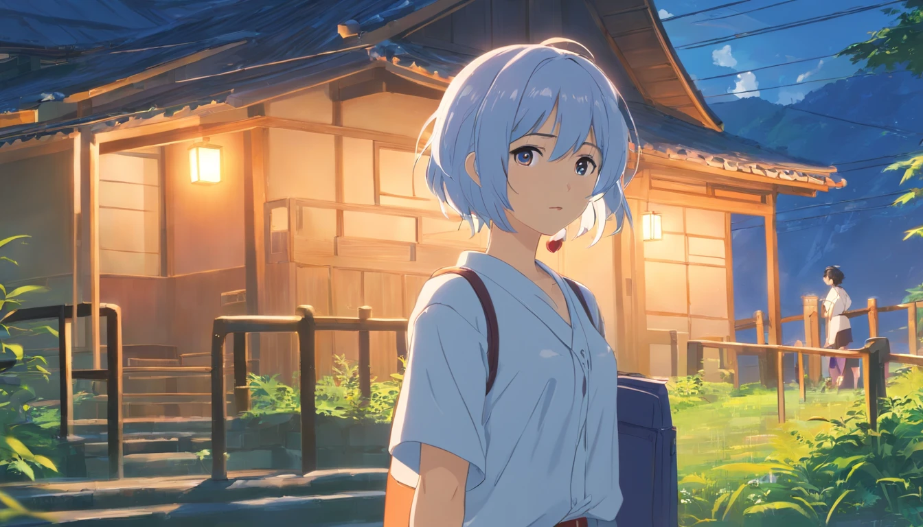 A rural woman wearing a white shirt,The face is full of wrinkles,white haired Cangcang,Doubts shocked,Walking into a broken house with a bag on his back at night,mystical aura, surreal atmosphere,(Chinese folk suspense, terroral, Supernatural comic book style), hyper qualit,hyper HD,4K