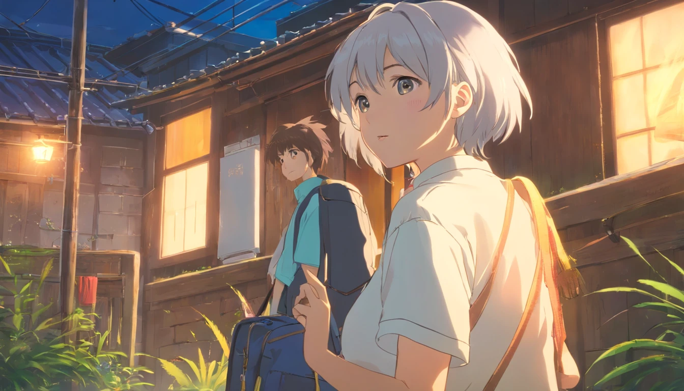 A rural woman wearing a white shirt，The face is full of wrinkles，white haired Cangcang，Doubts shocked，Walking into a broken house with a bag on his back at night，mystical aura, surreal atmosphere,（Chinese folk suspense, terroral, Supernatural comic book style）， hyper qualit，hyper HD，4K