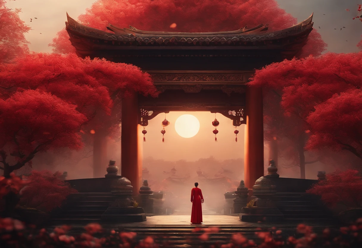 Dutch Golden Age paintings, Fuji Color, sparkle, hazy, fading border, Rounded corners, Partial underwater photography, Masterpiece, Award-Standing, high resolucion;, 1080p, 8K,in a red dream world, beautiful artwork illustration, There is a red poster,The phoenix is flying,Temun(Themoon),Mid-Autumn Festival,Photos of towers and flowers, Dream