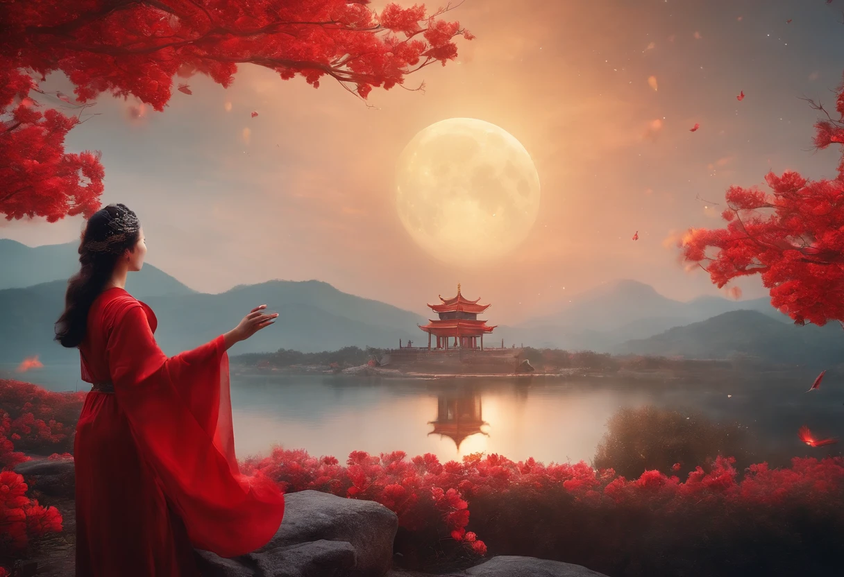Dutch Golden Age paintings, Fuji Color, sparkle, hazy, fading border, Rounded corners, Partial underwater photography, Masterpiece, Award-Standing, high resolucion;, 1080p, 8K,in a red dream world, beautiful artwork illustration, There is a red poster,The phoenix is flying,Temun(Themoon),Mid-Autumn Festival,Photos of towers and flowers, Dream