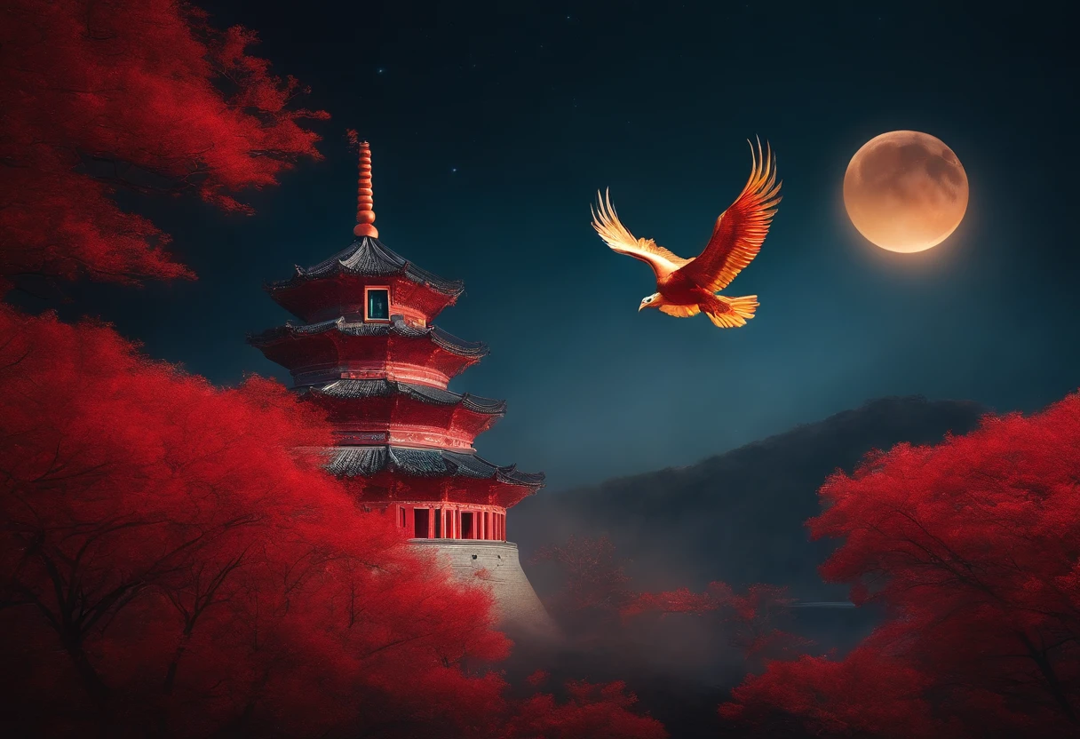 Dutch Golden Age paintings, Fuji Color, sparkle, hazy, fading border, Rounded corners, Partial underwater photography, Masterpiece, Award-Standing, high resolucion;, 1080p, 8K,in a red dream world, beautiful artwork illustration, There is a red poster，The phoenix is flying，Temun(Themoon)，Mid-Autumn Festival，Photos of towers and flowers, Dream