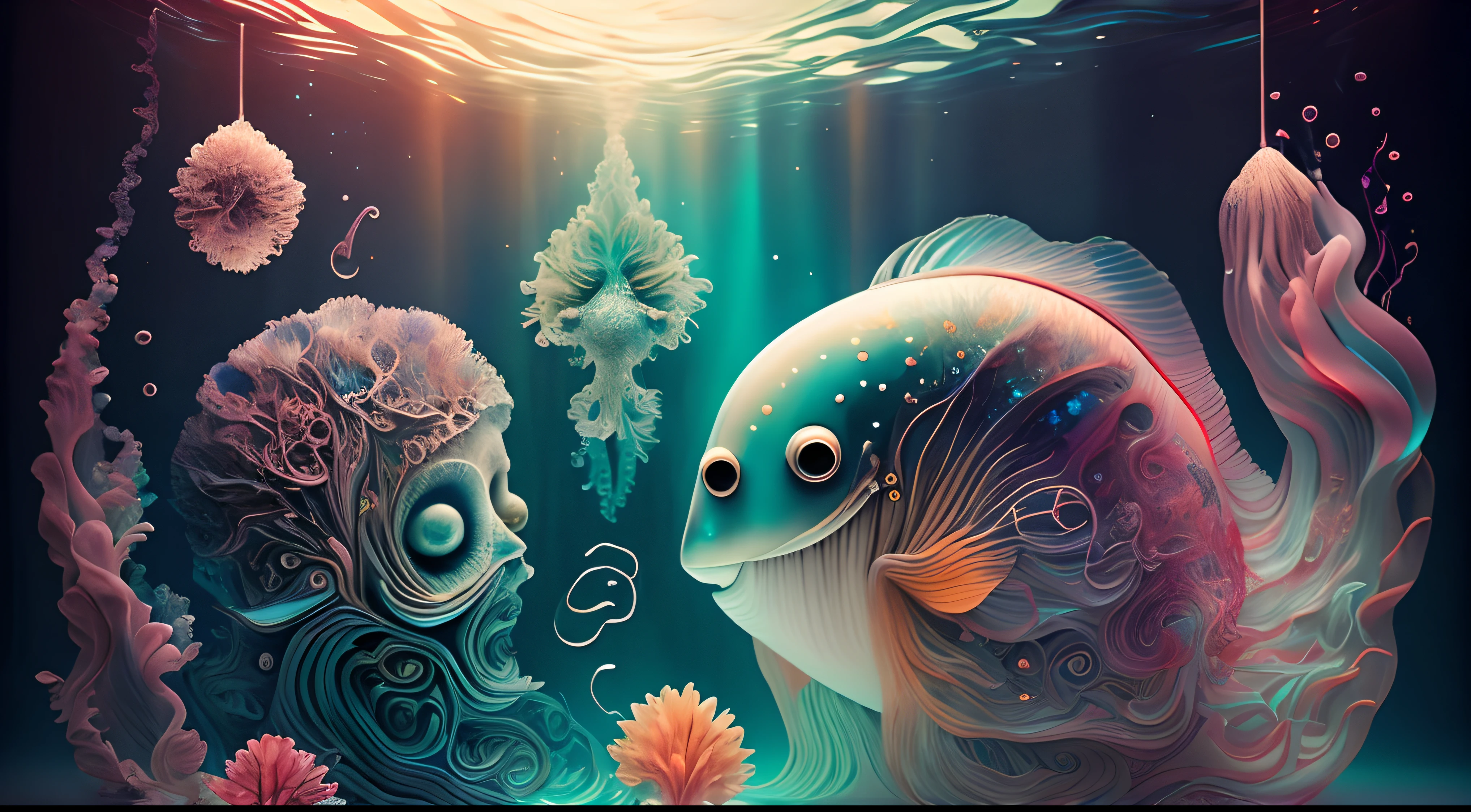 Arte en movimiento,medusas bioluminiscentes flotando en la profundidad del oceano, llevadas por la corriente. Colores fluidos, translucidos , fosforescentes, de colores brillantes, colores radiantes, psicodelicos,iluminan el entorno oscuro con su fosforescencia, sensacion de movimientos fluidos , arremolinados, movimiento de los tentaculos de acuerdo al arte de los fluidos en movimiento,obra maestra, Beautiful psychedelic entropy