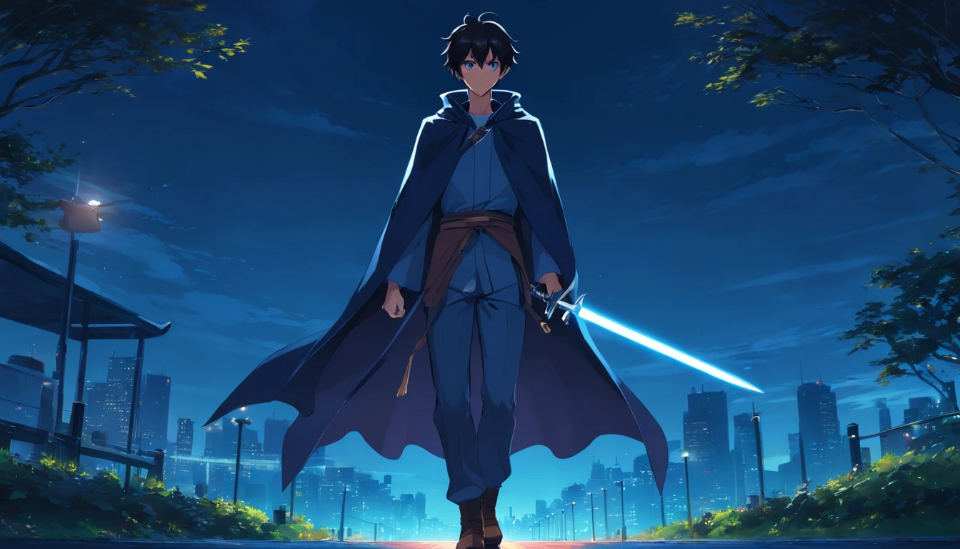 Master parts, high high quality, (anime big breast), Best quality, Very detailed eyes and face, very highly detailed background, Dynamic pose, Dynamic light, tmasterpiece, best qualityer, (Best quality,4K,A high resolution,Masterpiece:1.2),Ultra-detailed,Basic glasses,(Realistic,Photorealistic,photo-realistic:1.37),Boy in the dark,Lonely man,(No background),Thin,Non-muscular,Black cape,mitts,Boots,sword,Black background,Mostly black,Black shades of Fendor: Night Park, blue color eyes,
