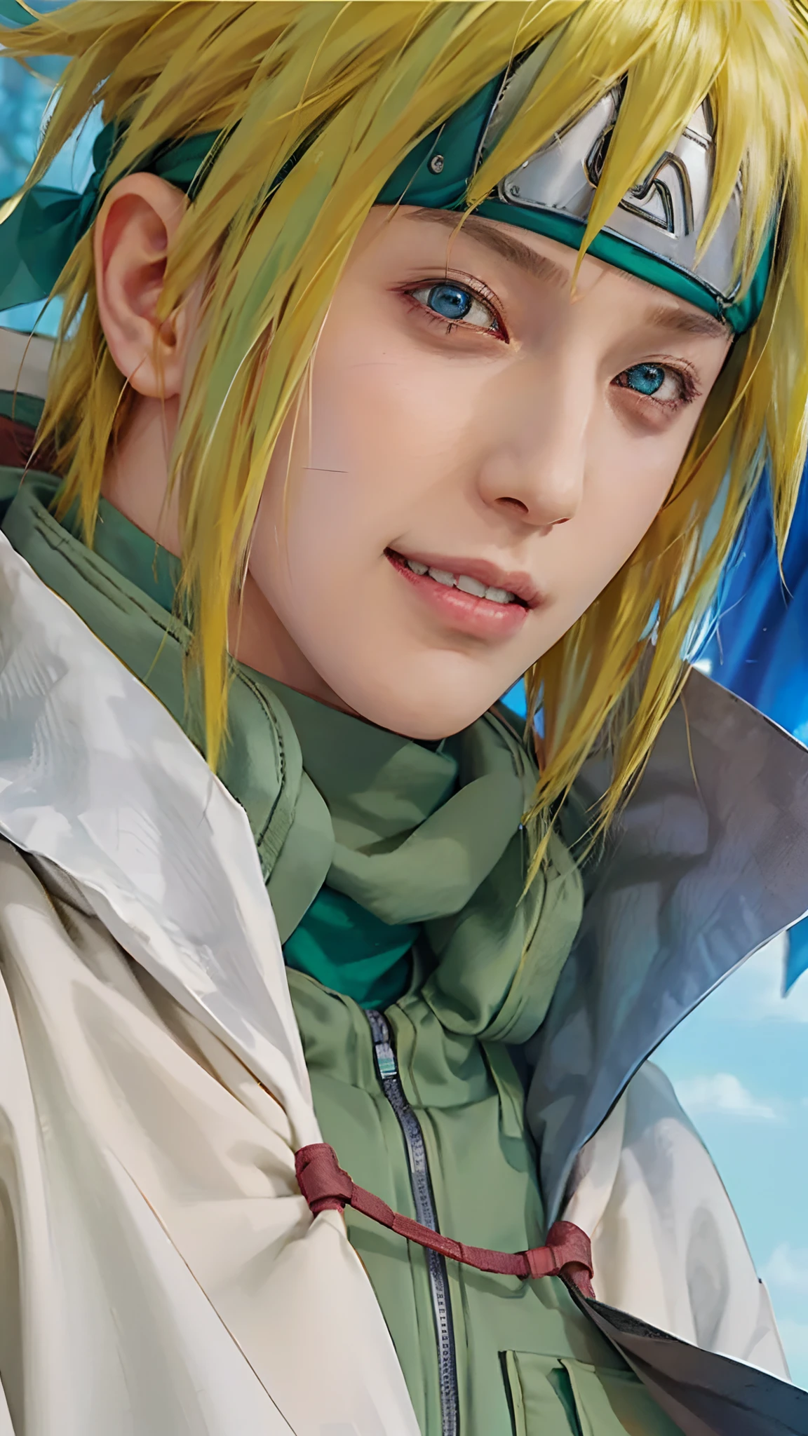1male, namikaze in anime naruto shippuden, short hair , yellow hair, blue eyes, handsome, smile, green clothes, realistic clothes, detail clothes, city background, ultra detail, realistic