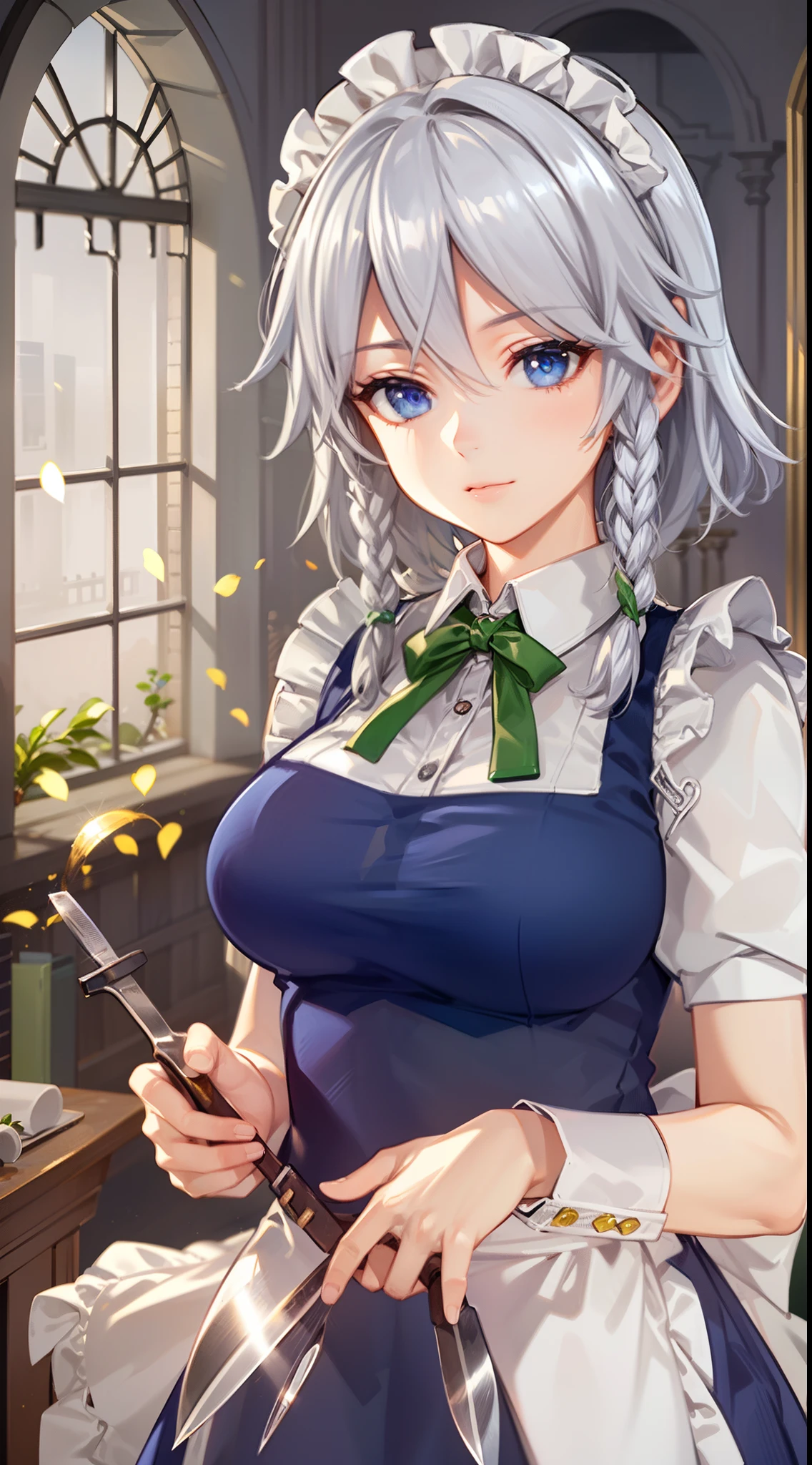 (Unity 16K Wallpaper, masutepiece, Best Quality, Ultra-detailed, extremely details CG, Cinematic lighting, Detailed, Beautiful detailed eyes, Solo),超A high resolution,Fine skin,A y,maid, maid apronl, Maid headdress,Holding a knife