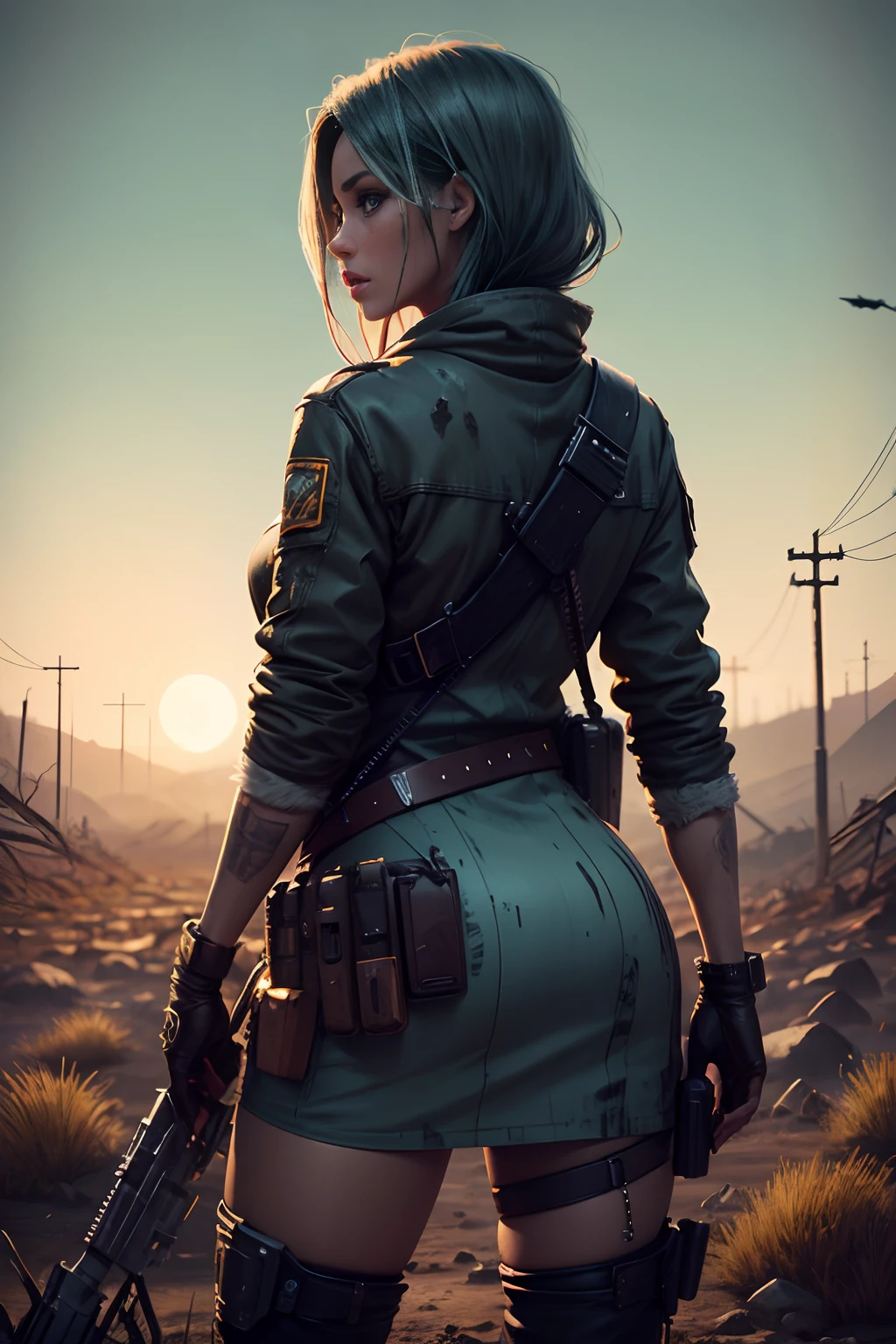 Attractive woman [Killers:bounty hunter:0.4] Standing in the apocalyptic wilderness (Glitch Wave Style:1)