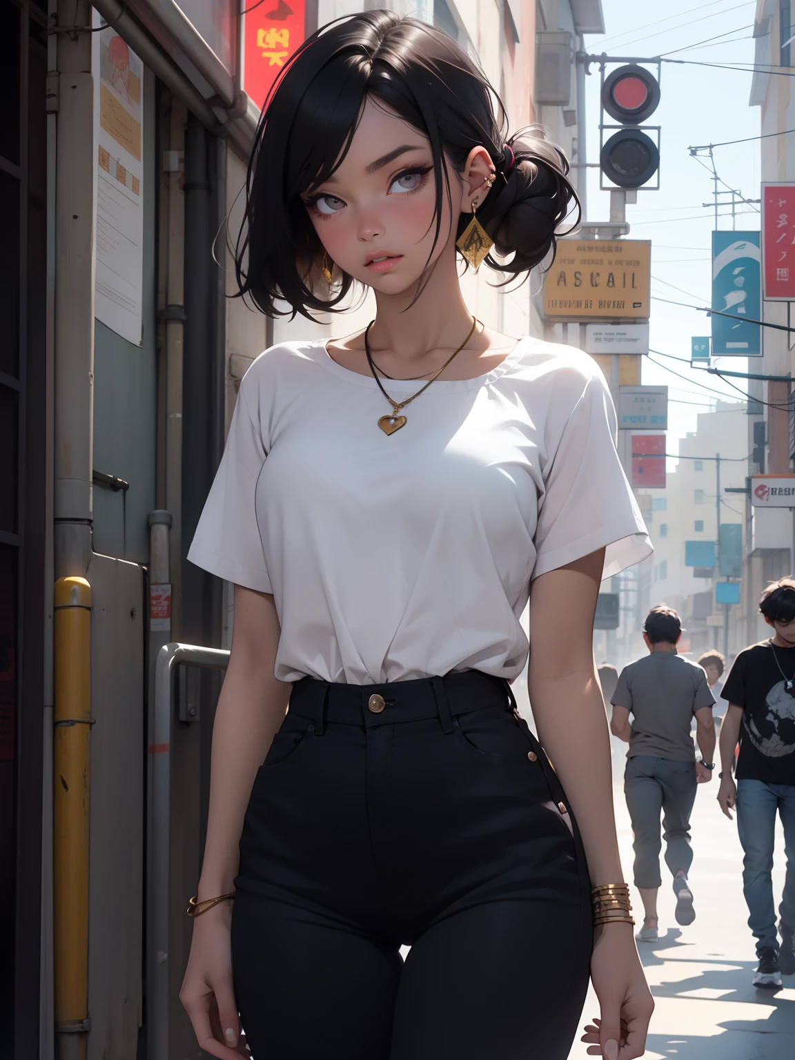 8K, Best Quality, Masterpiece, Ultra High Resolution, (Realism: 1.4), Original Photo, (Realistic Skin Texture: 1.3), (Film Grain: 1.3), 1 Girl, Beautiful Eyes and Face Details, Masterpiece, Best Quality, wearing acmmsayarma outfit, acmmsayarma white top, lace long sleeves, ((acmmsayarma dark green long skirt)) , Layered necklaces, anklets, outdoor, standing and Looking at the Viewer