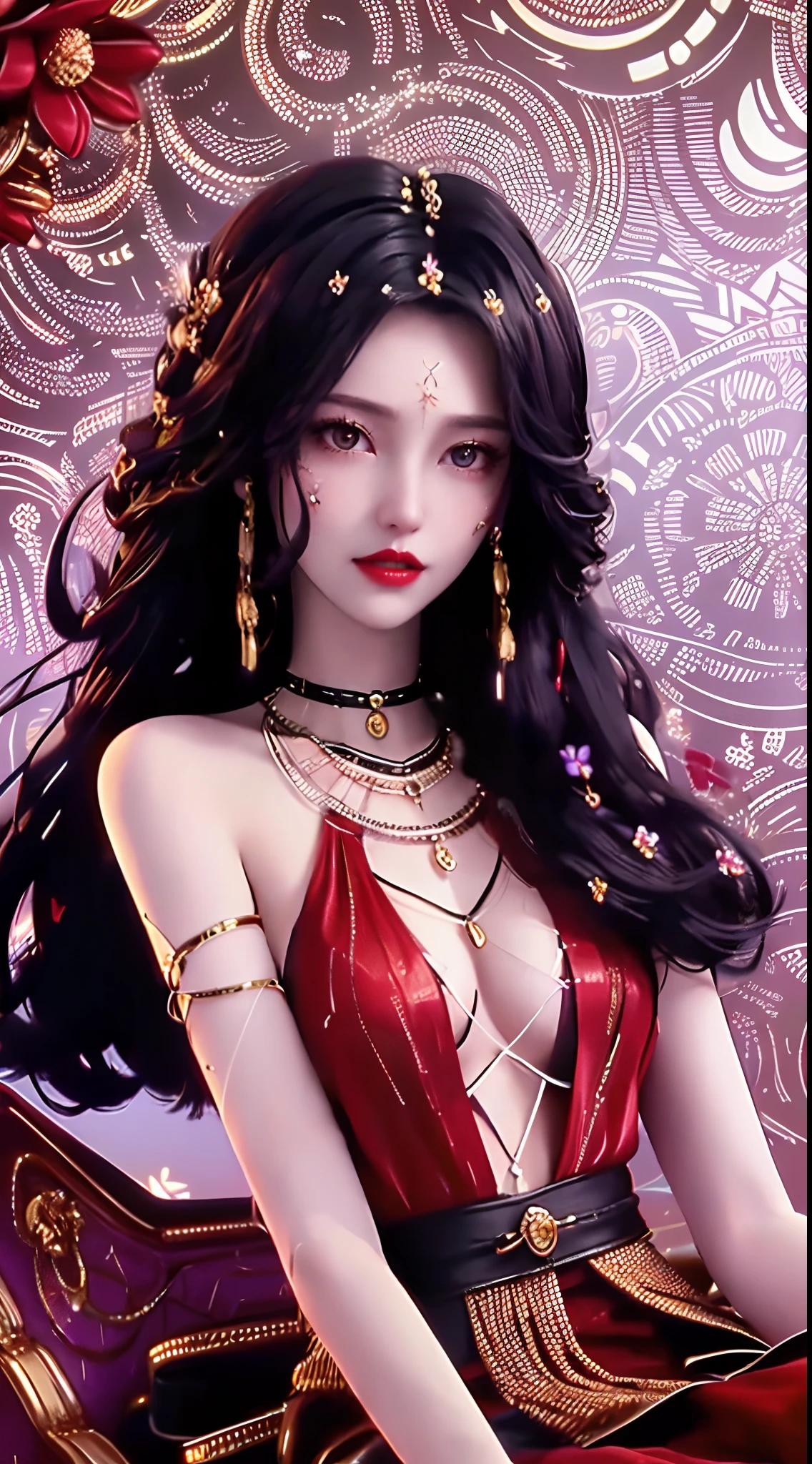 1 beautiful and sexy 20 year old girl, ((wearing a super thin red dress:1.6)), dress with diamonds, ((long purple-black hair:1.6)), bangs, elaborate jewelry made from stones noble and beautiful hair, ((wearing a black lace necklace:1.4))), noble, noble style of an extremely beautiful girl, super cute little face, very pretty face, fur thin eyebrows, flawless beautiful face, ((black eye pupils: 0.8)), very beautiful eyes, ((black eyes: 1.6)), beautiful makeup and detailed hairdo, eyelashes, eye makeup wet, high nose, earrings, red lips, ((closed mouth: 1;5 )) beautiful lips, slim arms, most beautiful thighs, ((arms spread to the sides: 1.5) ), rosy face, clean face, beautiful flawless face, smooth white skin, (big breasts: 1.5)), ((high breasts: 1.6) ), firm breasts, nice cleavage, (((big and super round breasts: 1.8))), ((super firm breasts: 1.7)) , beautiful breasts, perfect body, (((sitting position, leaning back and leaning back with hands :1.5))), ((chest puffed out : 1.5)), don't be shy, 8k photos, super high quality, super realistic, super 10x pixels, optical, bright studio, bright edges, two-tone lighting, (high detail skin:1.2), super 8k , soft light, high quality, volumetric light, optical, optical high resolution, light, best photo, 4k, 8k quality, blur effect, smooth sharpness, 10 x pixel , ((red flowers background:1.5)), aurora, lightning, super realistic graphics, most realistic graphics, alone, solo, Extremely sharp, surreal images, (((frontal portrait : 1.6)))."