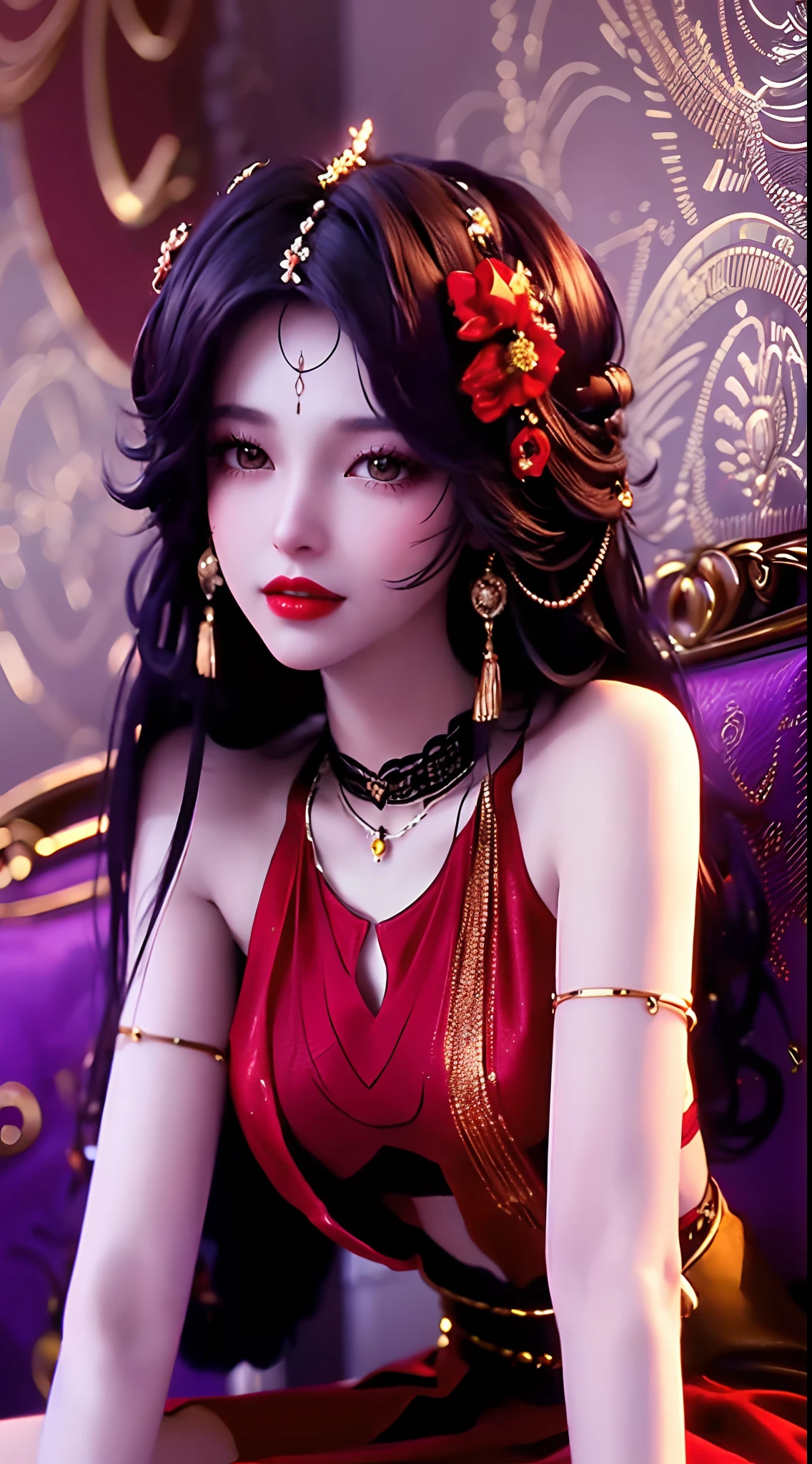 1 beautiful and sexy 20 year old girl, ((wearing a super thin red dress:1.6)), dress with diamonds, ((long purple-black hair:1.6)), bangs, elaborate jewelry made from stones noble and beautiful hair, ((wearing a black lace necklace:1.4))), noble, noble style of an extremely beautiful girl, super cute little face, very pretty face, fur thin eyebrows, flawless beautiful face, ((black eye pupils: 0.8)), very beautiful eyes, ((black eyes: 1.6)), beautiful makeup and detailed hairdo, eyelashes, eye makeup wet, high nose, earrings, red lips, ((closed mouth: 1;5 )) beautiful lips, slim hands, ((arms spread out to the sides: 1.5)), rosy face, clean face, flawless beautiful face, smooth white skin, (big breasts: 1.5)), ((high breasts: 1.6)), firm breasts, nice cleavage, (((big and super round breasts: 1.8))) , ((super firm breasts: 1.7)) , beautiful breasts, perfect body, (((sitting position, leaning back and hands behind: 1.5))), ((chest puffed out: 1.5)) , don't be shy, 8k photos, super high quality, super realistic, super 10x pixels, optical, bright studio, bright edges, two-tone lighting, (high detail skin:1.2), super 8k, soft lighting , high quality, volumetric light, optical, optical high resolution, light, best photo, 4k, 8k quality, blur effect, smooth sharpness, 10 x pixels, ((flower red background:1.5)), aurora, lightning, super realistic graphics, most realistic graphics, alone, solo, Extremely sharp, surreal images, (((frontal portrait: 1.4)))."
