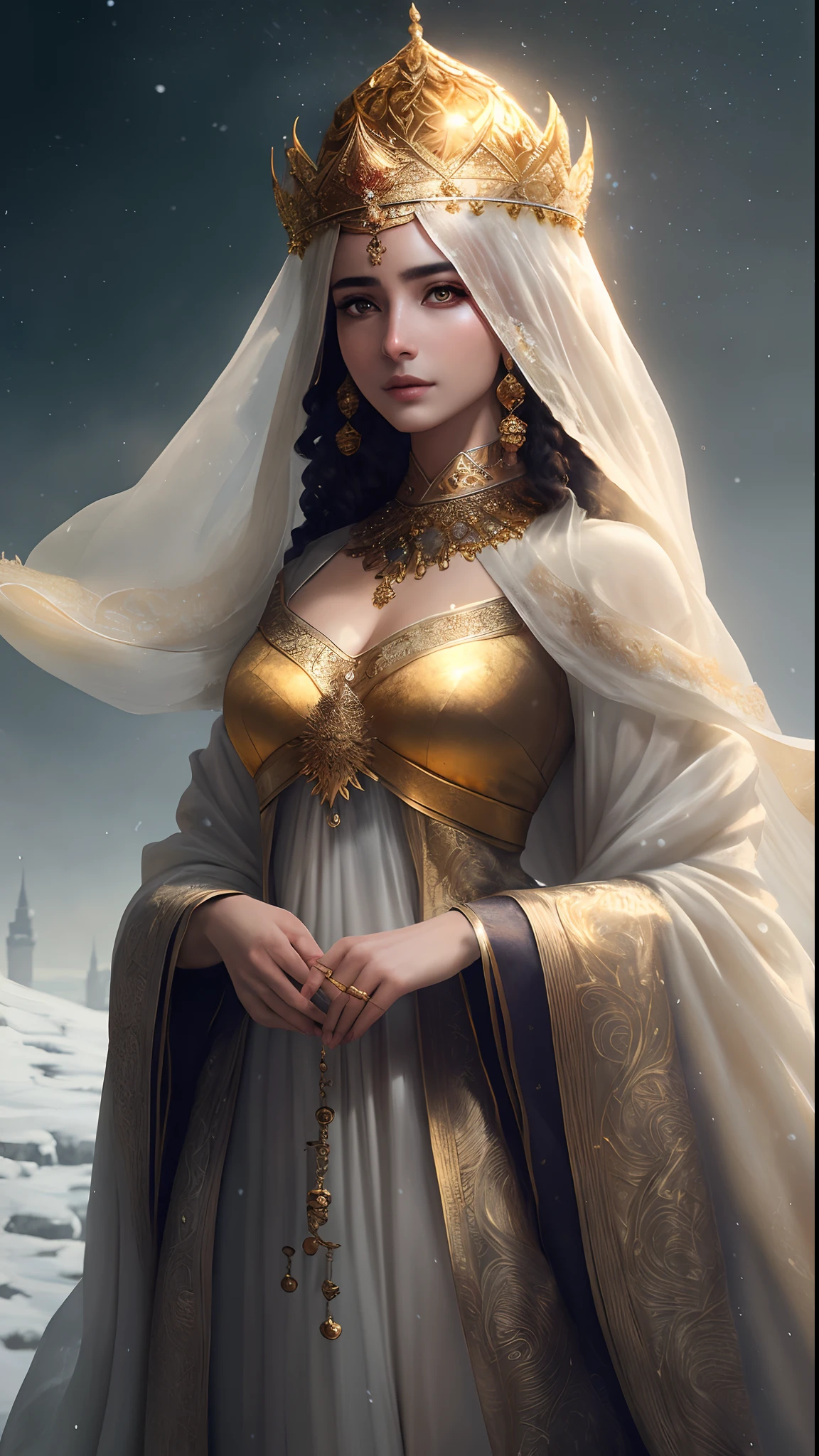 Soft and dreamy 8mm lens portrait of an Arabic dev brama of a universe adorned with a natural crown of gold and leaves and masses, ethereal dress. Soft snow sky. Using 8K High Definition. Art styles Greg Rutkowski , Android Jones , Tamsyn. Intricate dynamic lighting, elegant and highly detailed ultra-realistic, cinematic and octane rendering