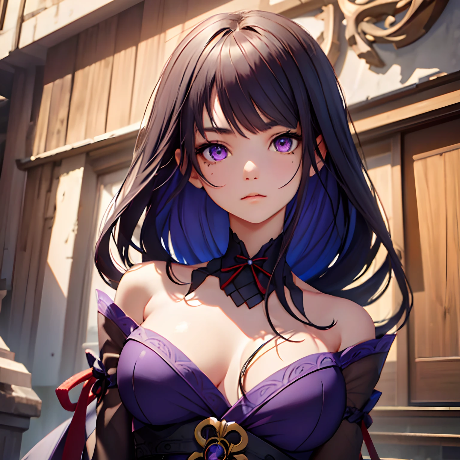 18 year old beautiful girl, large breasts, petite and slender, 8K, top quality, (very detailed head: 1.0), (very detailed face: 1.0), (very detailed hair: 1.0), Beautiful purple eyes, sharp eyes looking at the viewer, cruel and brave face, thin face, Japanese atmosphere.