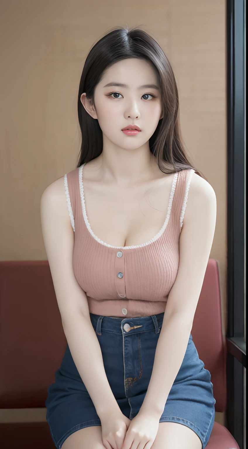 Highly detailed CG unity 8k wallpaper, with the highest quality, Super detailed, master piece, Realistic, Photos realistic, extremely detailed cute girl, 25 years old, (Sleeveless sweater) , (Blush) , Round eyes, Medium breasts, looking viewer, Cowboy shot , cleavage , Mini skirt, Office ,