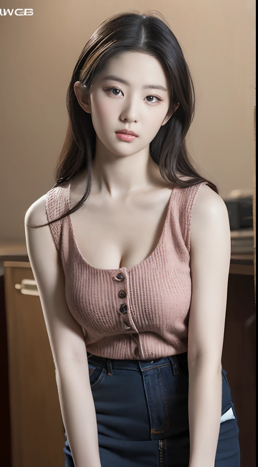Highly detailed CG unity 8k wallpaper, with the highest quality, Super detailed, ​master piece, Realistic, Photos realistic, extremely detailed cute girl, 25 years old, (Sleeveless sweater) ,   (Blush) , Round eyes, Medium breasts, looking viewer, Cowboy shot ,  cleavage , Mini skirt, Office ,