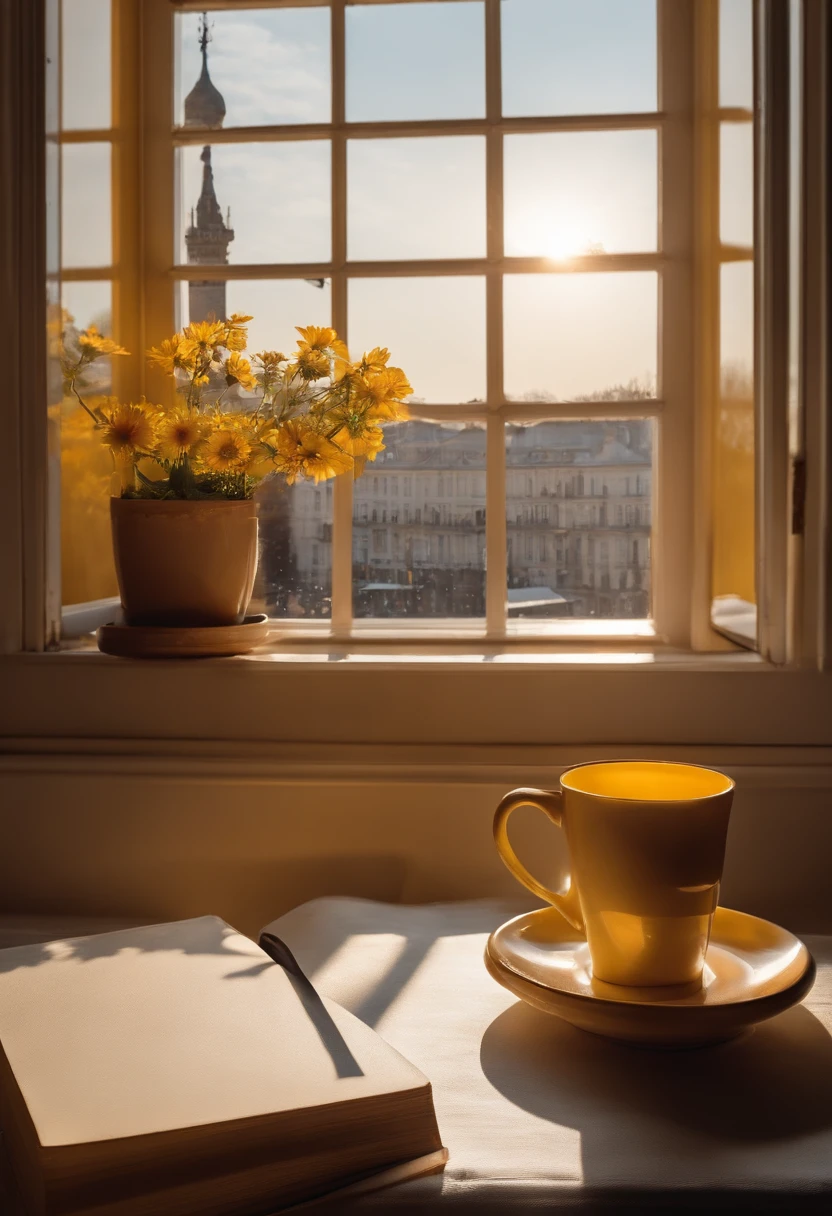 Peaceful morning in the city,The desk sits by the window,An open thick book lay in the middle of the table,Next to the book is a cup of tea,The sun shines on the book,You can see the rising sun through the window,Golden yellow tones,Very detailed,Perfect stills,high-definition photograph,8K