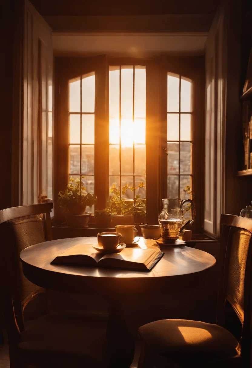 Peaceful morning in the city,The desk sits by the window,An open thick book lay in the middle of the table,Next to the book is a cup of tea,The sun shines on the book,You can see the rising sun through the window,Golden yellow tones,Very detailed,Perfect stills,high-definition photograph,8K