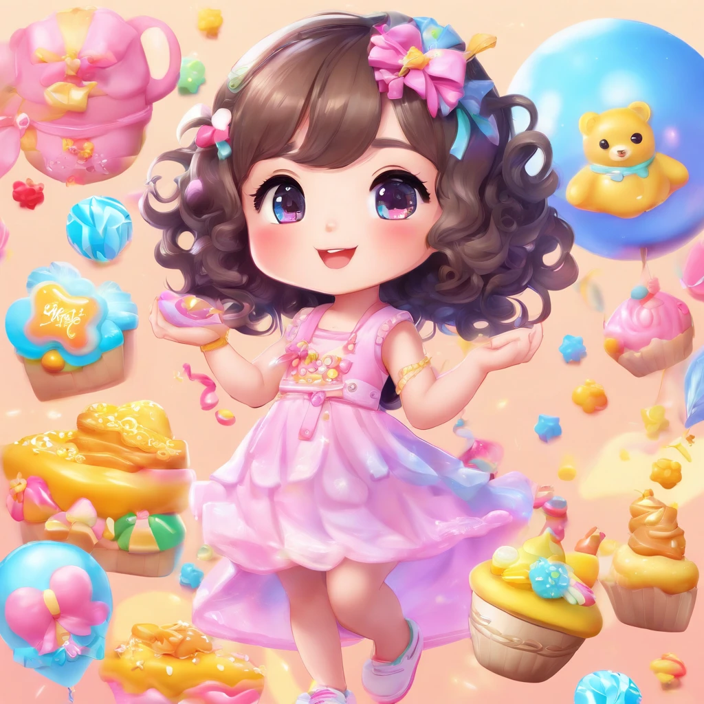 Cute, Chibi, , bright skin, Brown eyes, short black curly hair, Party dress in yellow pink and blue pastel color with candy design, White sneakers, Portrait, 3D Rendering, High quality, ( Plain background), (Perfect hands), (Full body), Female, 8K