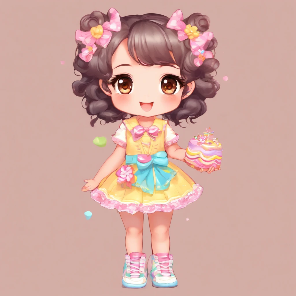 Cute, Chibi, Little baby girl, bright skin, Brown eyes, short black curly hair, Party dress in yellow pink and blue pastel color with candy design, White sneakers, Portrait, 3D Rendering, High quality, ( Plain background), (Perfect hands), (Full body), Female, 8K
