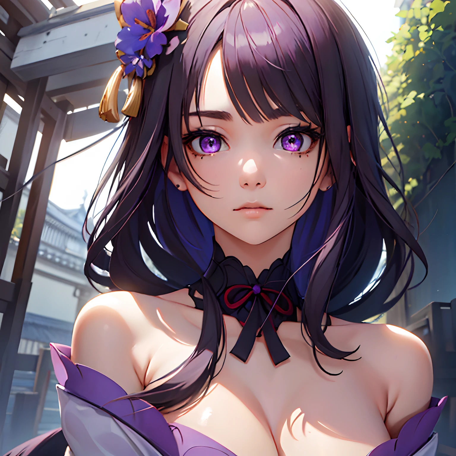 25 year old beautiful girl, big eyes, large breasts, petite and slender, 8K, top quality, (very detailed head: 1.0), (very detailed face: 1.0), (very detailed hair: 1.0), Beautiful purple eyes, sharp eyes looking at the viewer, cruel and brave face, thin face, Japanese atmosphere.