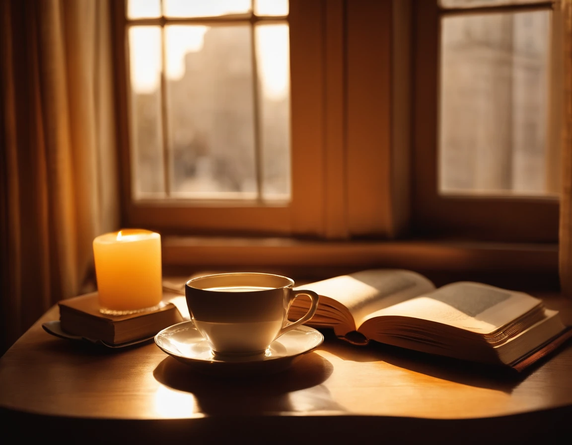 Quiet morning in the city,The desk sits by the window,In the middle of the table lay an open, thick book,Next to the book is a cup of tea,The sun shines on the book,You can see the rising sun through the window,Golden yellow tones,Very detailed,Perfect stills,high-definition photograph,8K