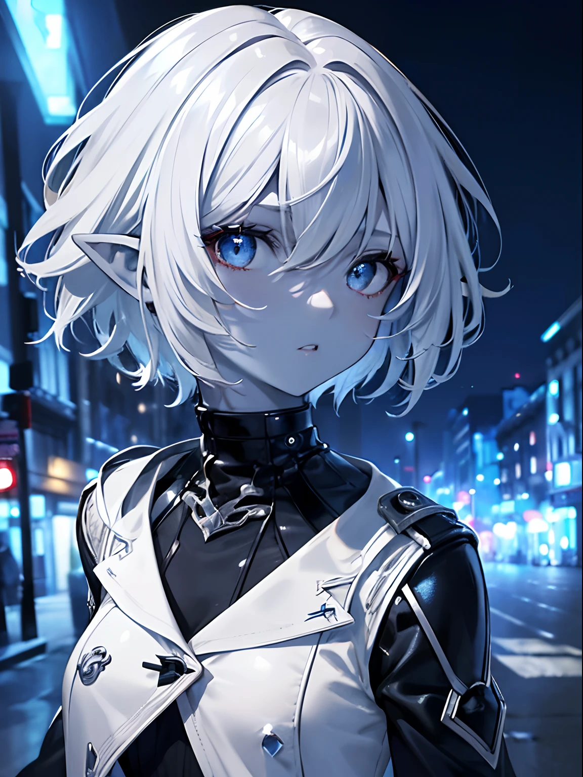 (Masterpiece, Best quality, ultra high resolution),1girl,short hair,(colored skin,red skin),pointy ears,beautiful and detailed face, detailed eyes,rock fashion, white jacket,in the street,night,((grey and blue theme)), looking at viewer