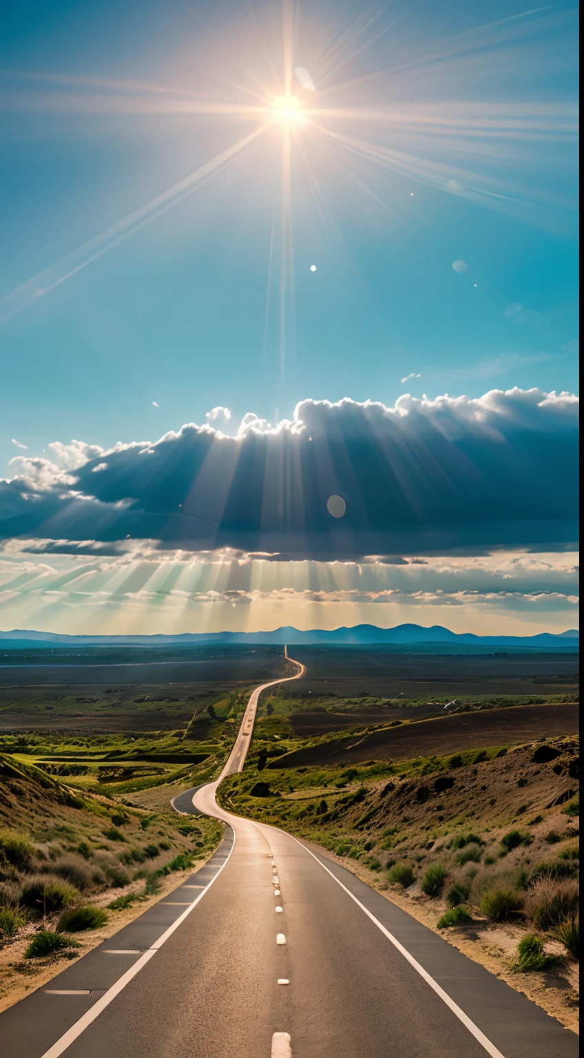 Image of a long and winding road，Bright light leading to the horizon,bright morning，suns rays