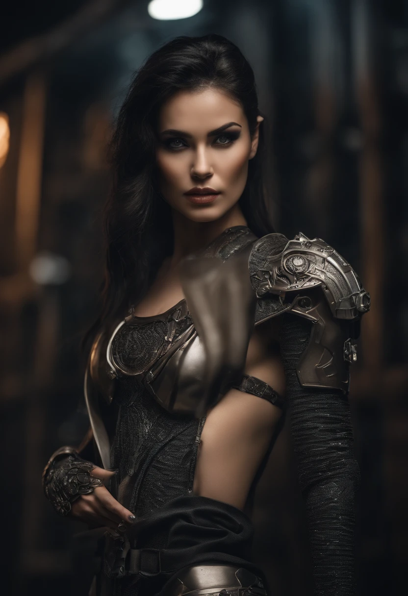 Beautiful cyborg warrior woman in Style-RustMagic, The rise of cyberpunk, cyberware, droid, carbon fibers, Chrome, Implants, metal skull, Cybernetic plate armor, (dark ambiance:1.2), (Delivered & fumo), (nigth:1.3), the scars, (Messy medium-long black hair:1.1), (eye shadows:1.1), (Beautifully detailed brightness:1.2), (Cinematic lighting), intricately details, A high resolution, roundly eyes, Detailed facial features, foco nítido, lisses, Aesthetic, detailed dark industrial factory background, posing elegantly, dynamicposes, (dramapaint)