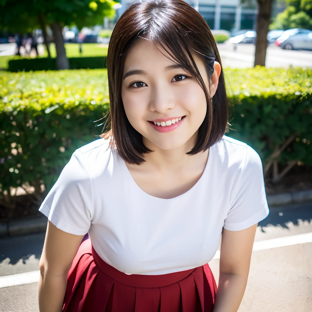 (BEST QUALITY, MASTER PIECE, ULTRA HIGH RESOLUTION, (PHOTOREALISTIC:1.4), RAW PHOTO), 1little girl, upturned ass, very Cute face, wearing poro shirts and pleated skirt, Black hair, very Cute Smile, sunny Outdoors, Stand and pose romantically