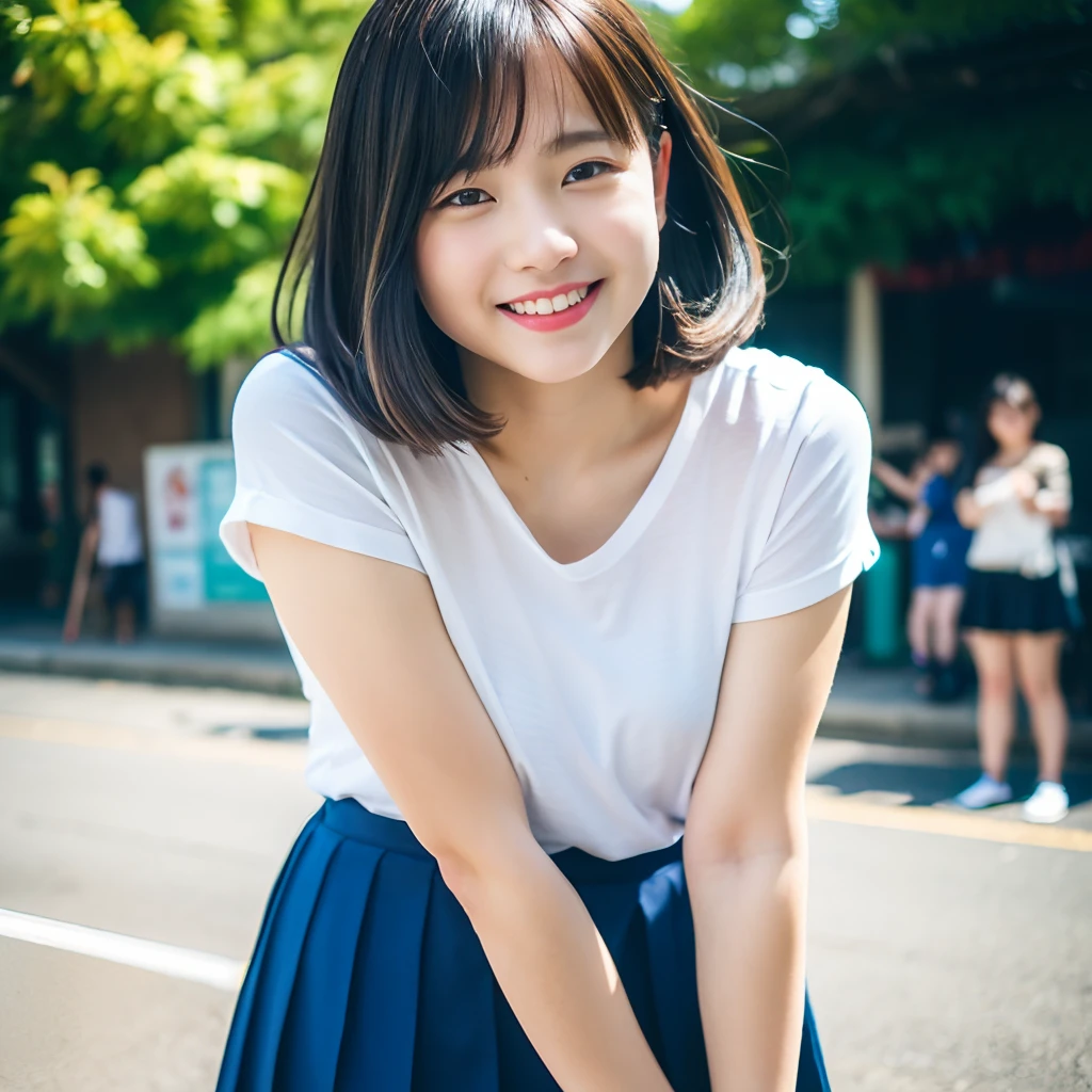 (BEST QUALITY, MASTER PIECE, ULTRA HIGH RESOLUTION, (PHOTOREALISTIC:1.4), RAW PHOTO), 1little girl, upturned ass, very Cute face, wearing poro shirts and pleated skirt,  Black hair, very Cute Smile, sunny Outdoors, Stand and pose romantically