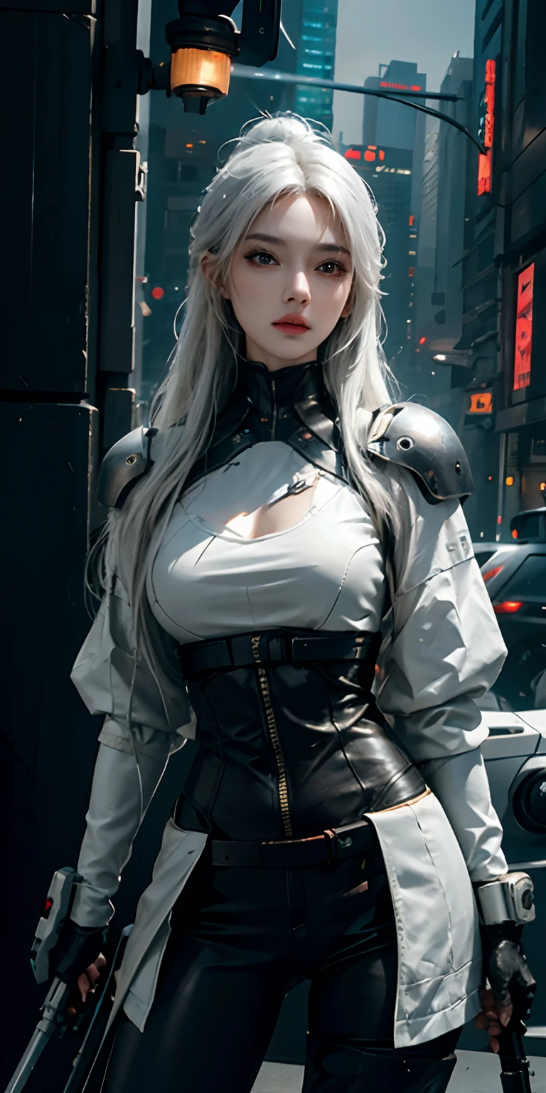 photorealistic, high resolution, soft light,1women, solo, hips up, (detailed face), white long hair, cybersamurai, cyborg, cyberpunk,  cyber armor, holding weapon,glowing,gun, city at night