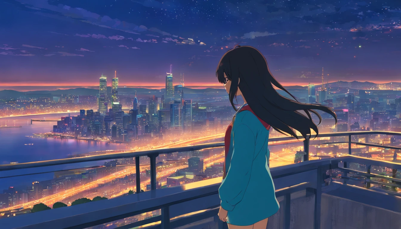 natta,rays of moonlight,Long black hair,view over city,parted,sad