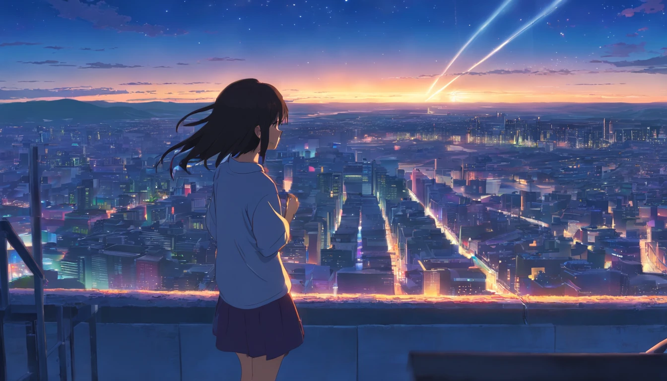 natta，rays of moonlight，Long black hair，view over city，parted，sad