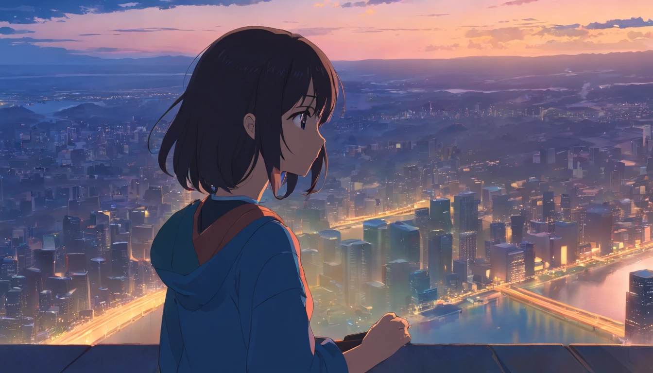 natta,rays of moonlight,Long black hair,view over city,parted,sad