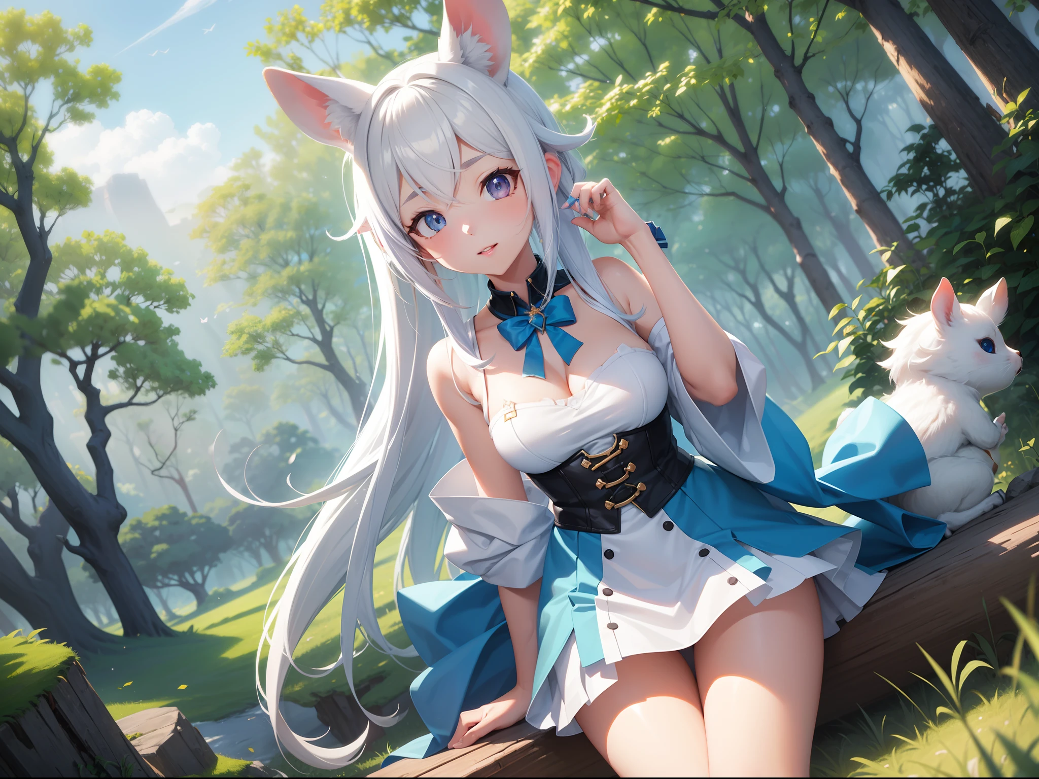 in woods、White-eared long-eared rabbit、I'm with a girl with long blue hair and a chibi character。It is a sexy and cute outfit in white and blue。Dark eyes。Adorable Digital Painting, cute detailed digital art, the squirrel king, Cute digital art, cute cartoon characters, cute character, CuteCreatures, Cutie, official illustrations, Official art, maplestory mouse, astri lohne,  cute 3d render