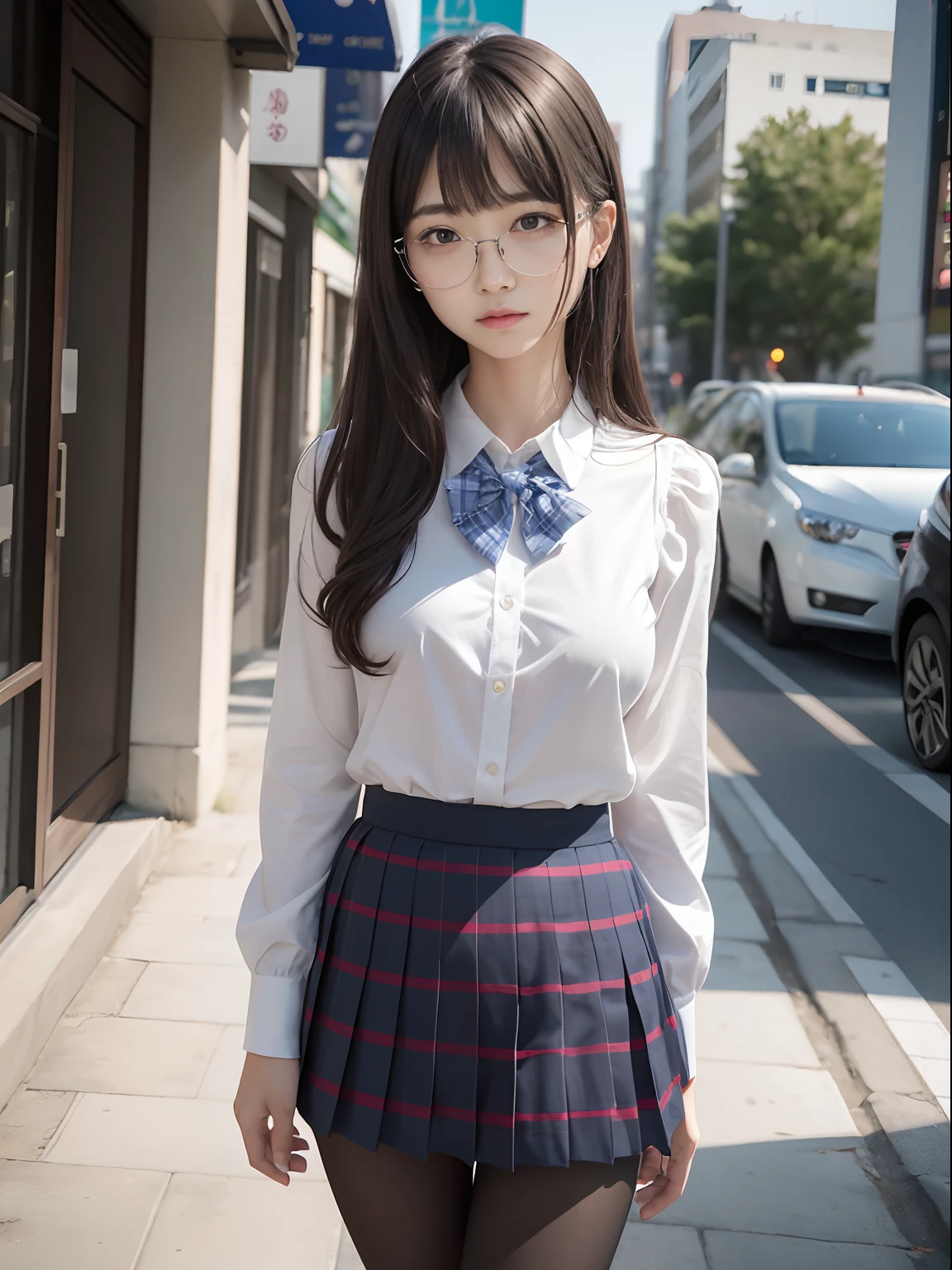 (Twin-tailed),(Underwear is visible),(8K、Raw photography、top-quality、masterpiece:1.2),((small tits))、((small tits))、((small tits))、((small tits))、((small tits))、((A-cup))、((A-cup))、((A-cup))、((A-cup))、((A-cup))、Has a small、(flat breast)、(flat breast)、(flat breast)、(flat breast)、(flat breast)、(being thin)、Rasping,glamor,Chromo-white skin,cocky,School,watching at viewers,Looking at the front,Muchimuchi,High-pitched clothing,Erotic,Pupils,de pele branca,kne,((Black pantyhose)),absurderes,a small face,,Forehead visible,Bangs hanging from the left and right sides of the forehead,(a cold expression,Tight eyes,glares,Bullish,irate)、masterpiece,top-quality、超A high resolution,Raw photo,ren,Beautiful fece,One Person, 独奏,eye glass,,Dark look,Small breasts,fullllbody,Round glasses,JK school uniform,hi-school girl,A Japanese Lady,is standing,(Photorealsitic:1.37)、Photon mapping,Realistic、Beautie,Cute little face,Brown-eyed、Black socks、(Red bow tie)、Radio City、Physically Based Rendering、depth of fields、Blurry background、a picture,Body,beauty legs, Long legs, Thin leg,(Bangs are visible), hair, s lips, Blue_The eye, nosesoft,(Light blue shirt), (Navy and blue and white plaid pleated skirt), Knees are visible,Sheer clothing,, Thigh, Black cotton socks,Nogizaka Idol, 女優, Japanese ido